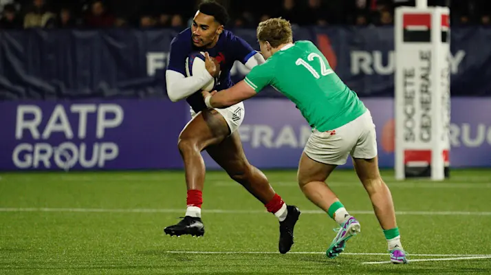 Noah Nene of France takes on Hugh Gavin of Ireland during the 2024 Under 20 Six Nations Championship Round 1 between France U20 and Ireland U20 in the Stade Maurice David, Aix-en-Provence, France, February 3, 2024 (Photo by Dave Winter / Inpho)