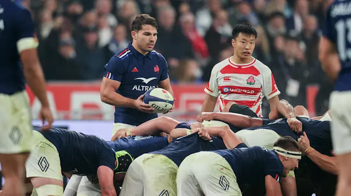 France's Antoine Dupont and Naoto Saito of Japan during the Autumn Nations Series between France and Japan at Stade de France, Paris, France Saturday, November 9th, 2024 (Photo by Tom Maher / Inpho)