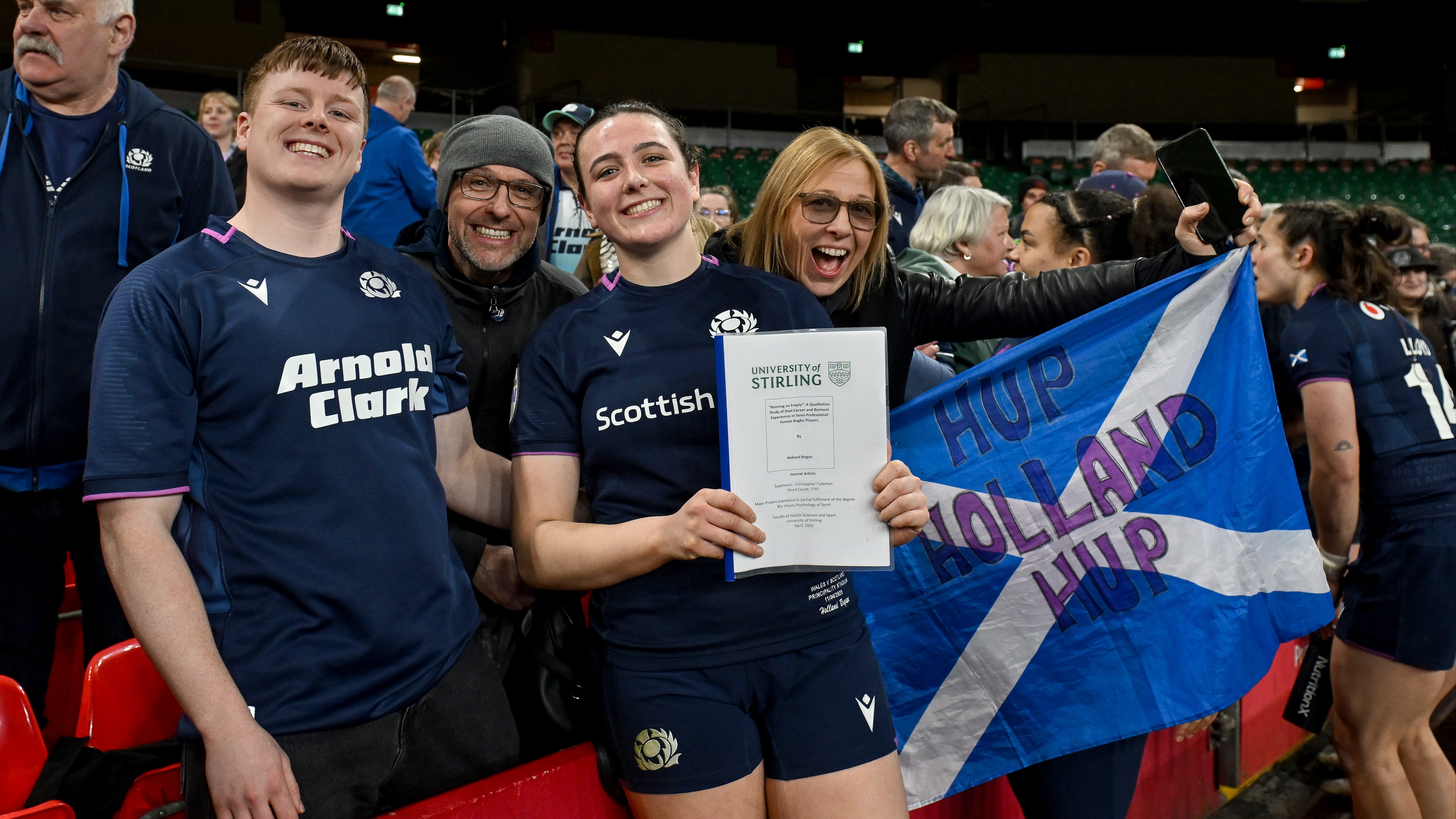 Scotland’s Holland Bogan celebrates with family after the 2026 Guinness Women's Six Nations Championship Round 1 game between Wales and Scotland in Principality Stadium, Cardiff