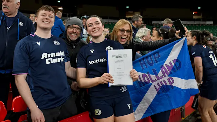 Scotland’s Holland Bogan celebrates with family after the 2026 Guinness Women's Six Nations Championship Round 1 game between Wales and Scotland in Principality Stadium, Cardiff