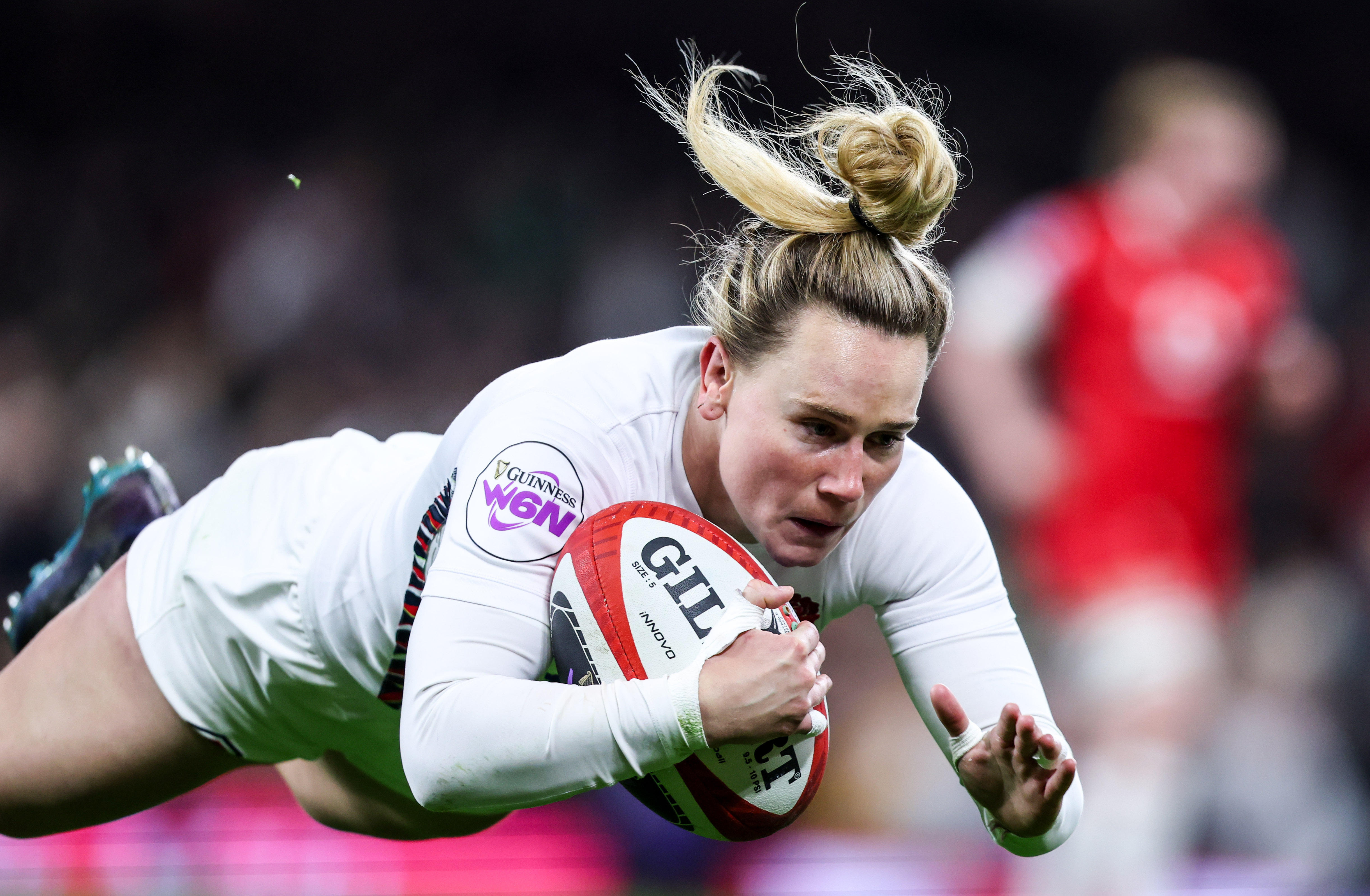 England’s Megan Jones scores a try during the 2025 Guinness Women's Six Nations Championship Round 2 game between Wales and England in the Principality Stadium, Cardiff