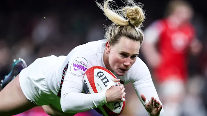 England’s Megan Jones scores a try during the 2025 Guinness Women's Six Nations Championship Round 2 game between Wales and England in the Principality Stadium, Cardiff
