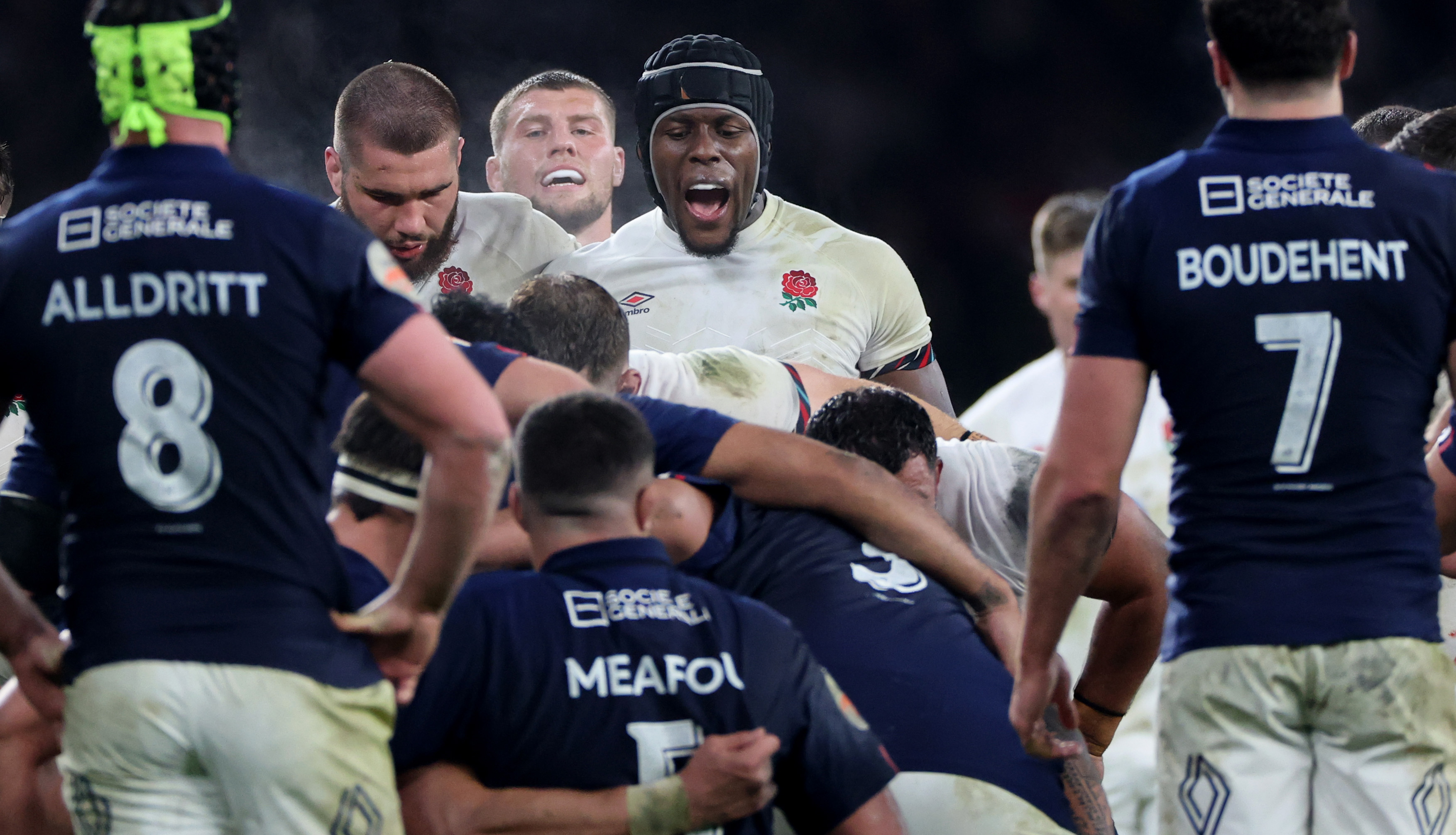 England's George Martin, Tom Willis and Maro Itoje during the 2025 Guinness Six Nations Championship Round 2 between England and France in Twickenham Stadium, London, England, Saturday, February 8, 2025 (Photo by James Crombie / Inpho)