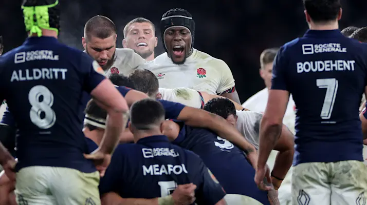 England's George Martin, Tom Willis and Maro Itoje during the 2025 Guinness Six Nations Championship Round 2 between England and France in Twickenham Stadium, London, England, Saturday, February 8, 2025 (Photo by James Crombie / Inpho)