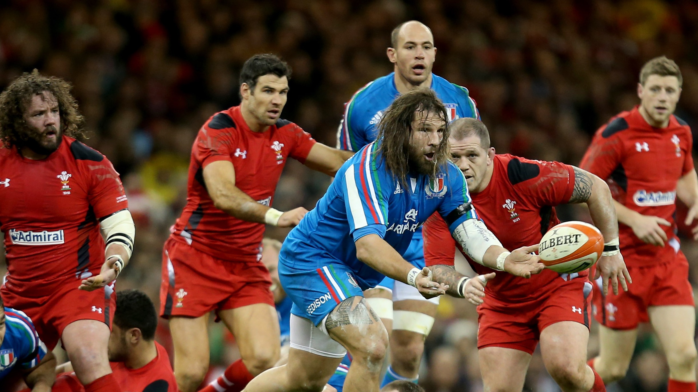 Martin Castrogiovanni gets the ball away from a ruck in Cardiff during the 2014 Championship.