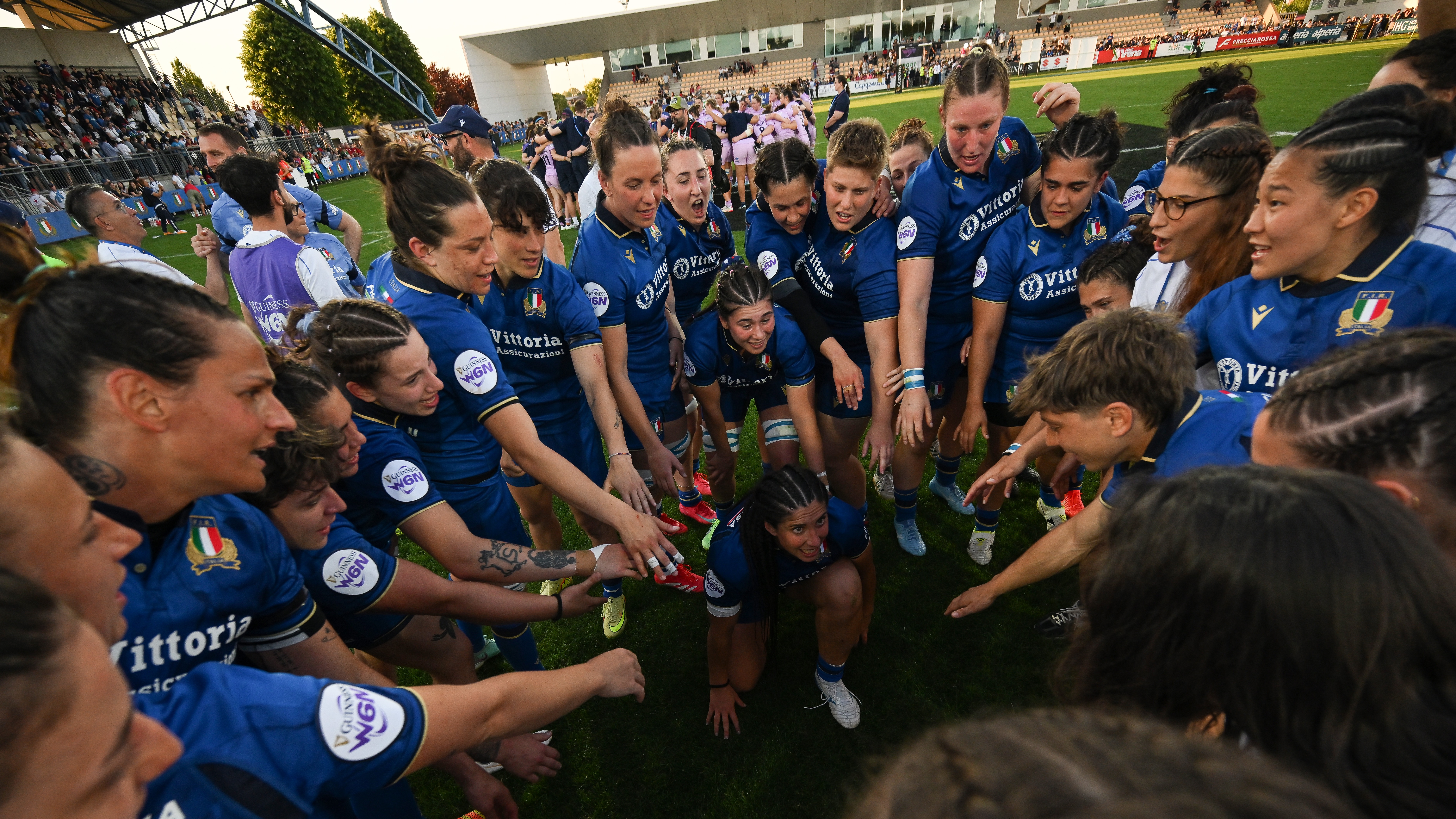 A view of the Italy team celebrating after the 2026 Guinness Women's Six Nations Championship Round 3 game between Italy and Scotland in Stadio Sergio Lanfranchi, Parma, Italy