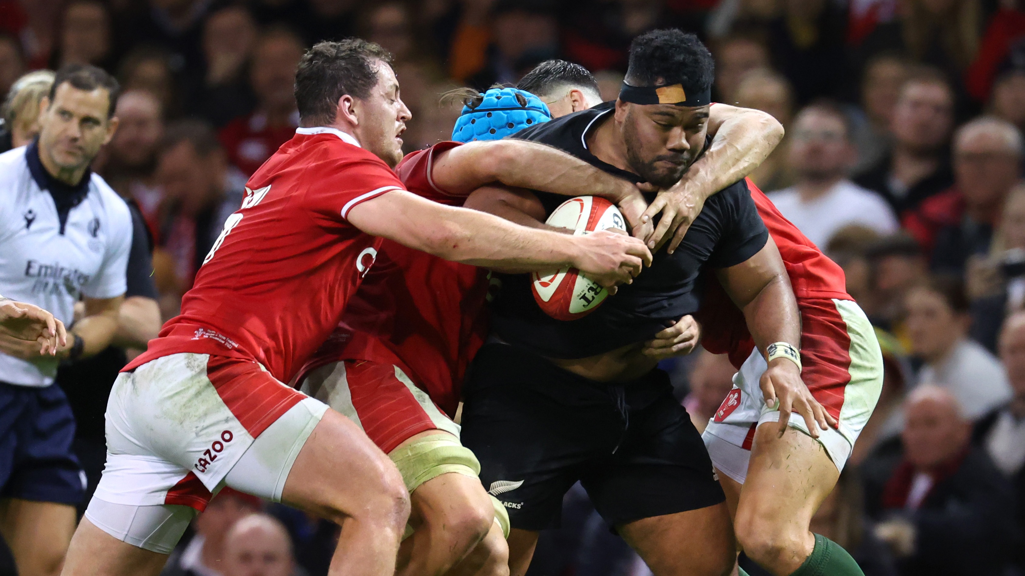 New Zealand’s Pita Gus Sowakula looks to break through the Welsh defence in the 2022 Autumn Nations Series.