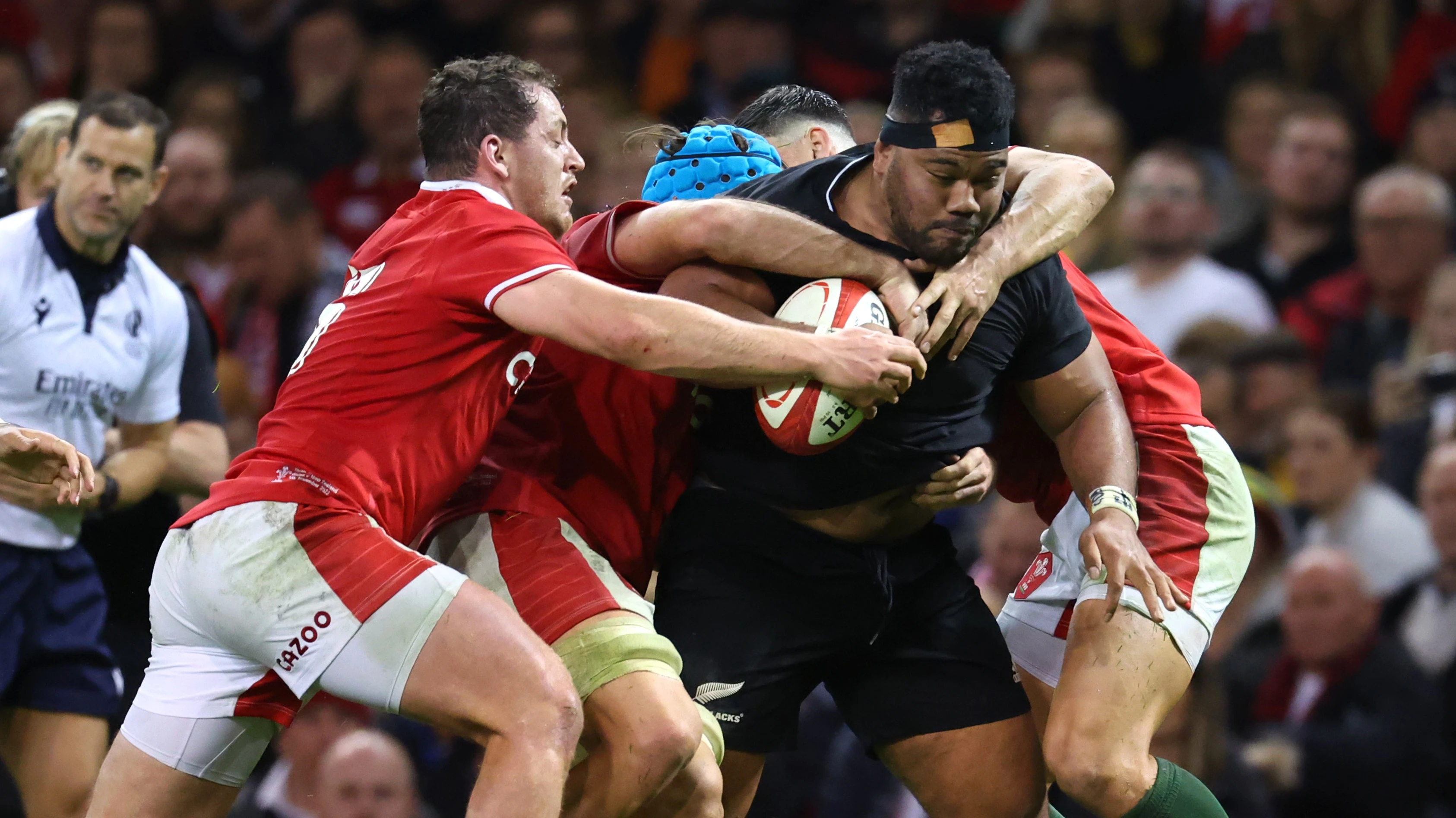 New Zealand’s Pita Gus Sowakula looks to break through the Welsh defence in the 2022 Autumn Nations Series.