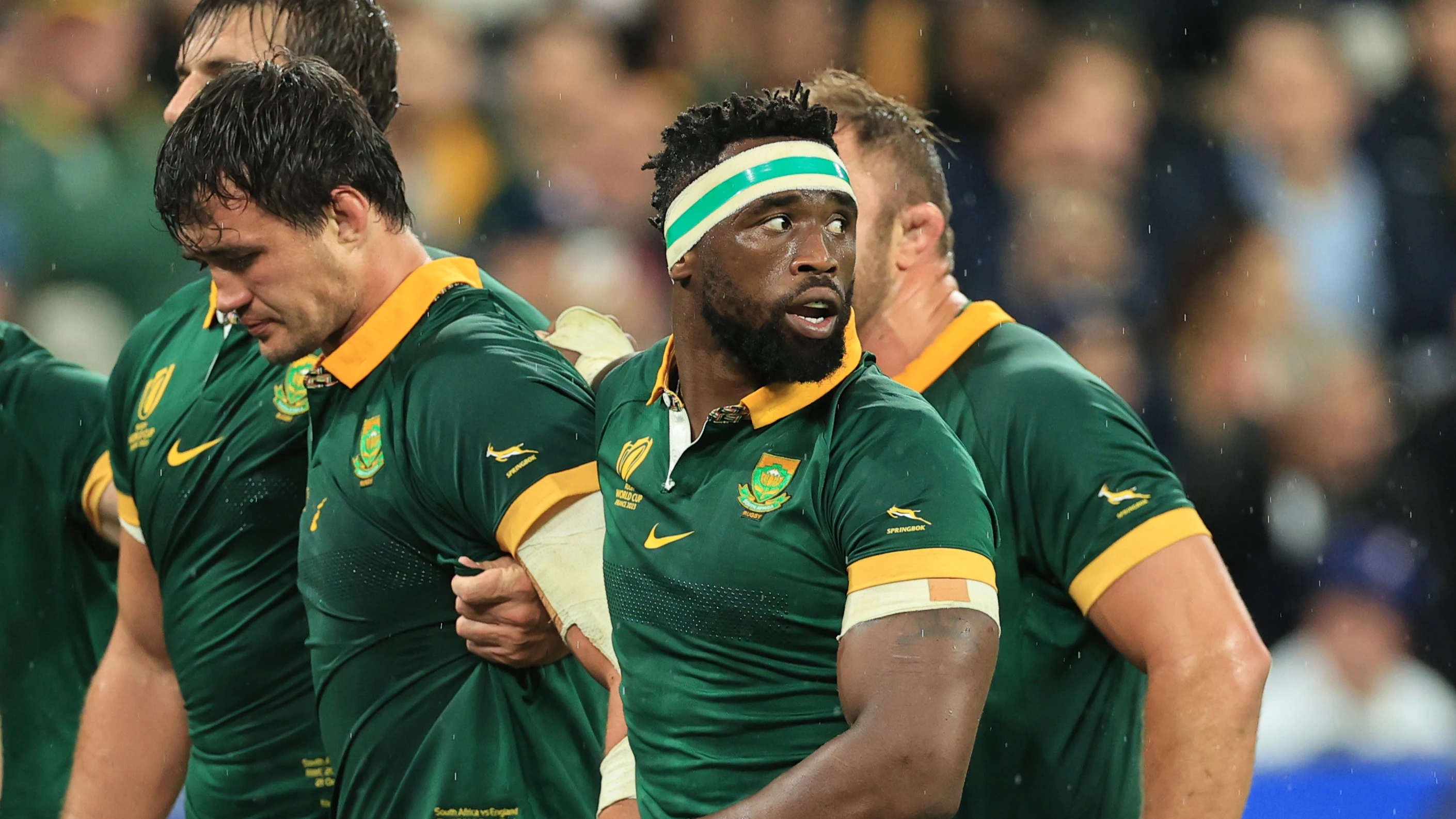 Siya Kolisi prepares to pack down against England at the 2023 Rugby World Cup.