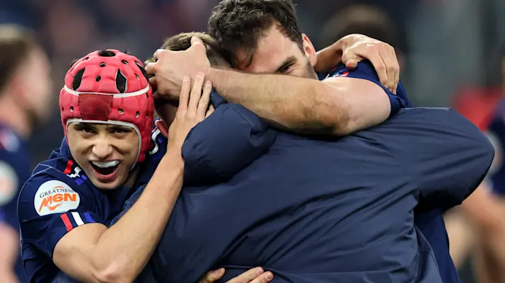France's Louis Bielle-Biarrey and Damian Penaud celebrate winning after the 2025 Guinness Six Nations Championship Round 5 game between France and Scotland in the Stade de France, Paris, France, Saturday, March 15, 2025 (Photo by James Crombie / Inpho)