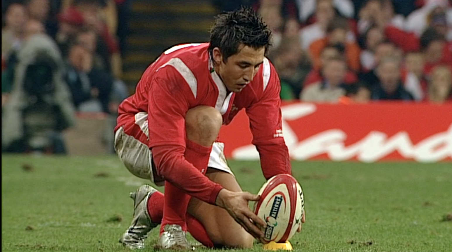 Wales' Gavin Henson tees up his famous kick against England in 2005's Championship opening weekend at Cardiff's Millennium Stadium.