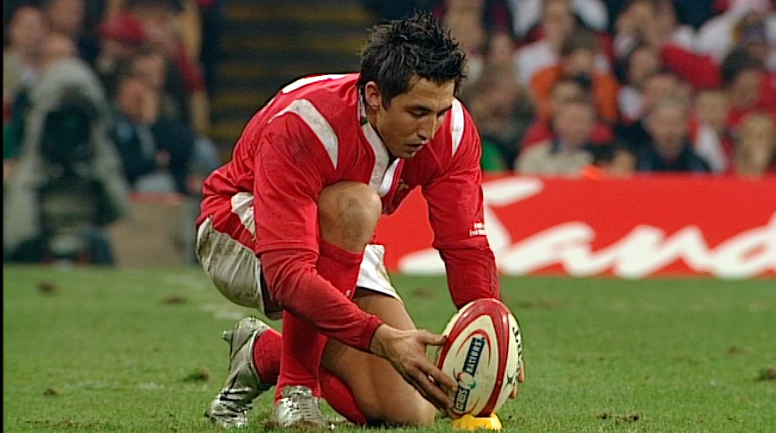 Wales' Gavin Henson tees up his famous kick against England in 2005's Championship opening weekend at Cardiff's Millennium Stadium.