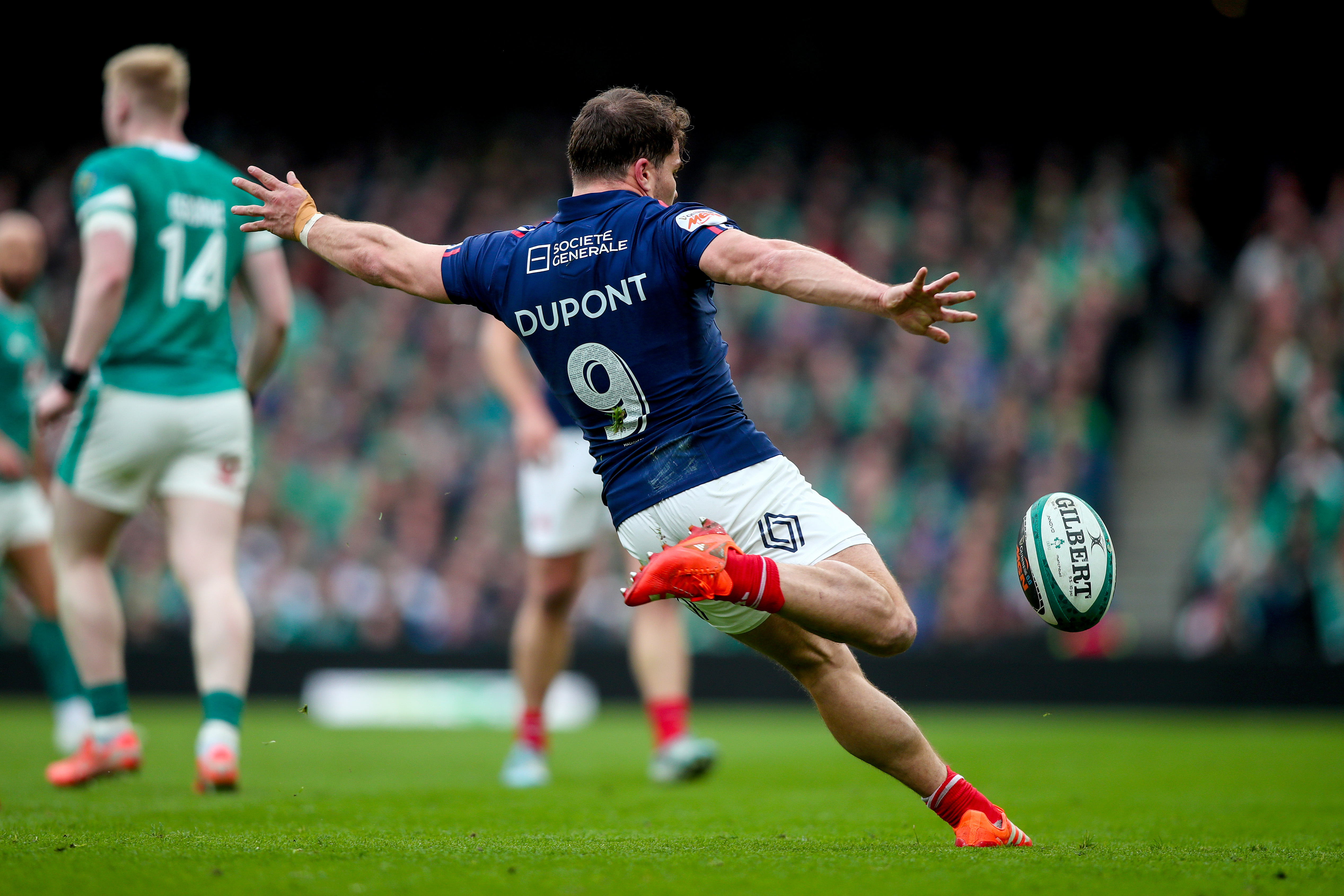 France's Antoine Dupont kicks during the 2025 Six Nations Championship Round 4 between Ireland and France in Aviva Stadium, Dublin, Ireland, Saturday, March 8, 2025 (Photo by Ken Sutton / Inpho)
