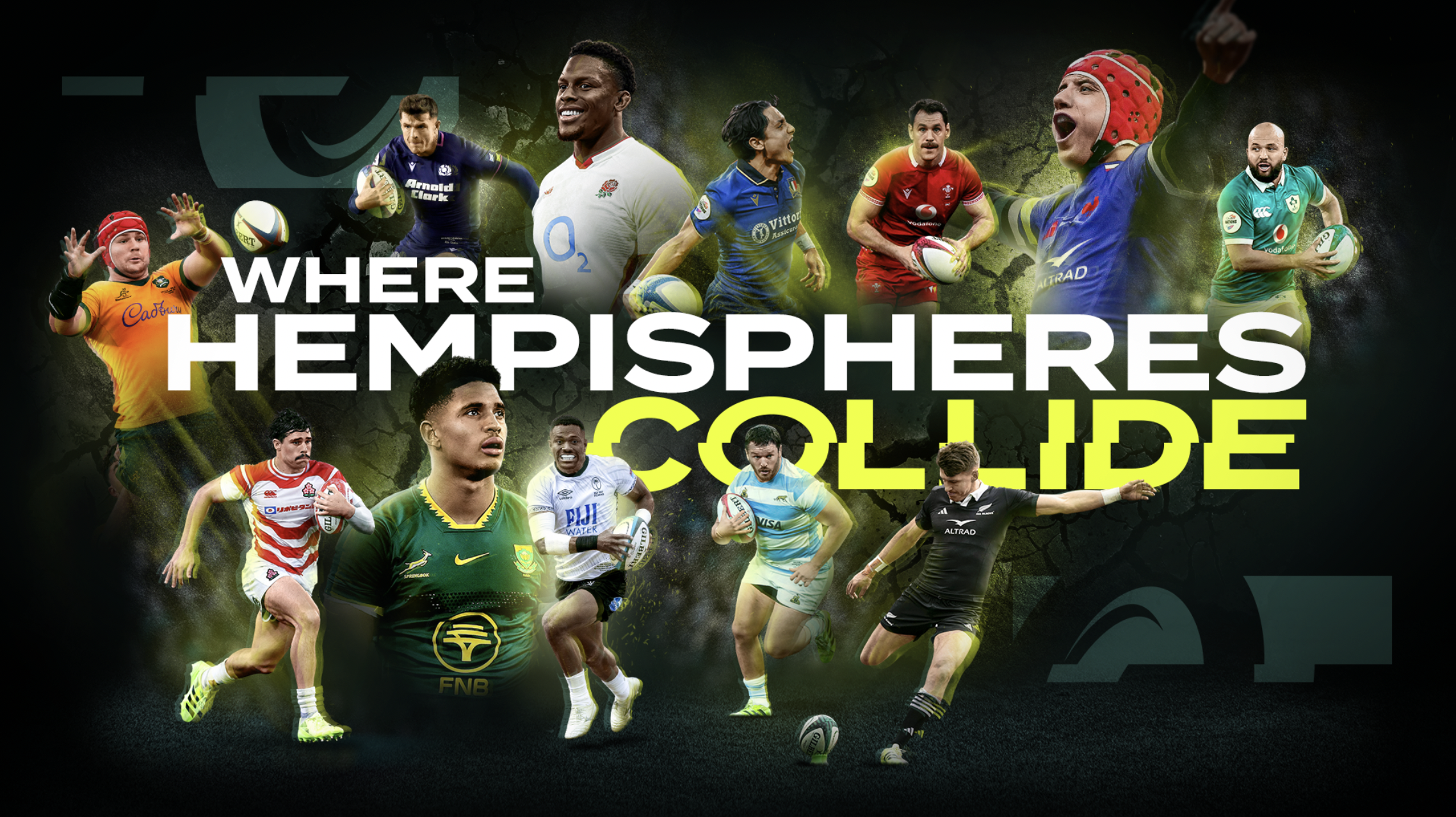 Nations Championship graphic featuring an assortment of cross-hemisphere players, with the text 'Where Hemispheres Collide'