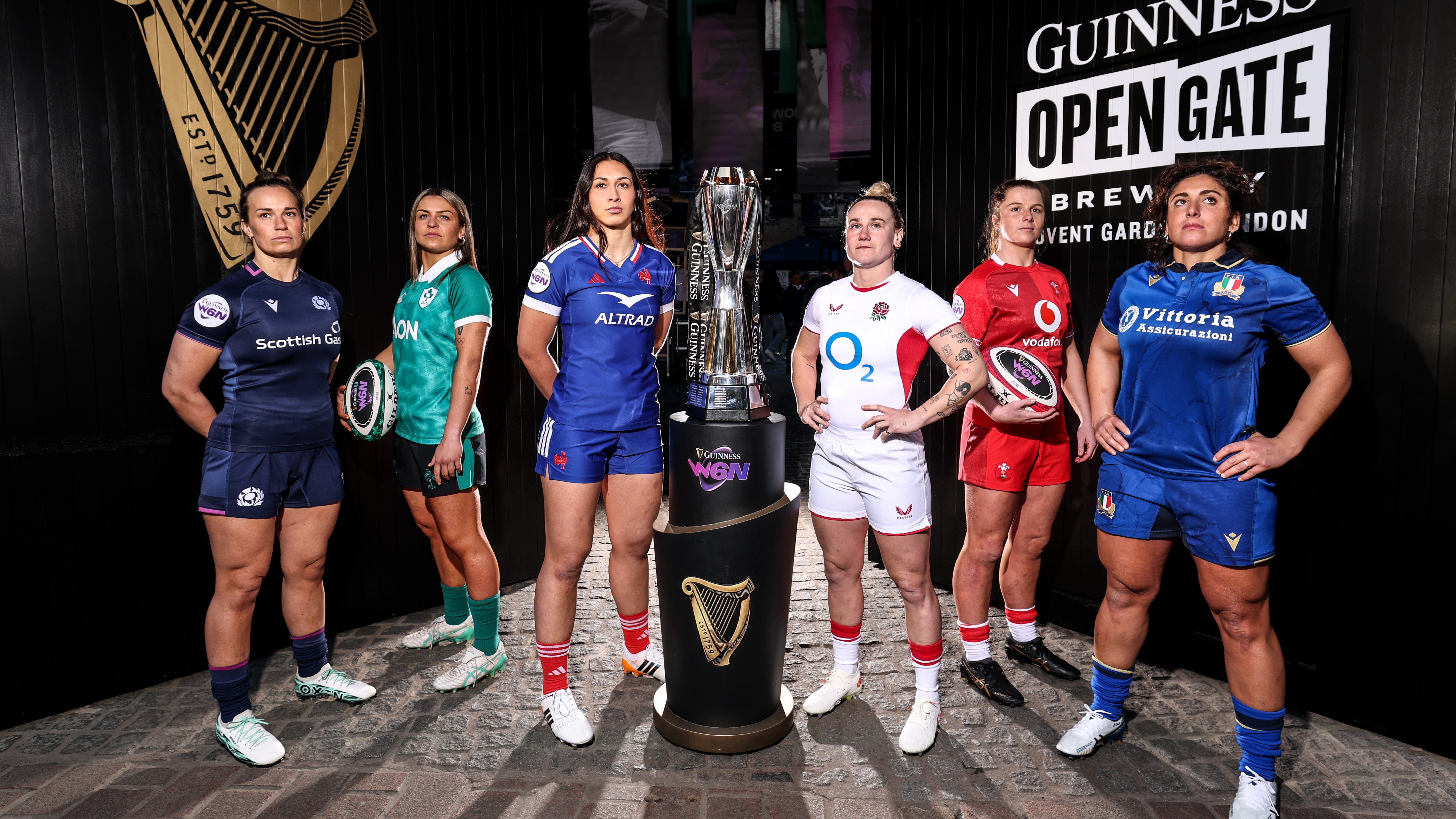 The captains of the 2026 Guinness Women's Six Nations pose with the trophy in front of the Old Brewer's Yard, Covent Garden.