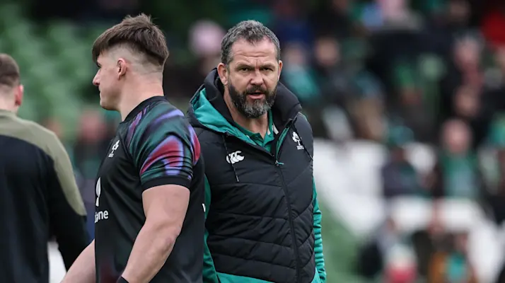 Andy Farrell speaks to Dan Sheehan in the warm-up for a 2026 Championship match in Dublin.