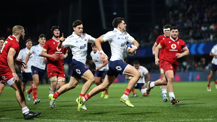 France's Ugo Pacome on his way to scoring a try during the 2025 Under 20 Six Nations Championship Round 1 between France and Wales