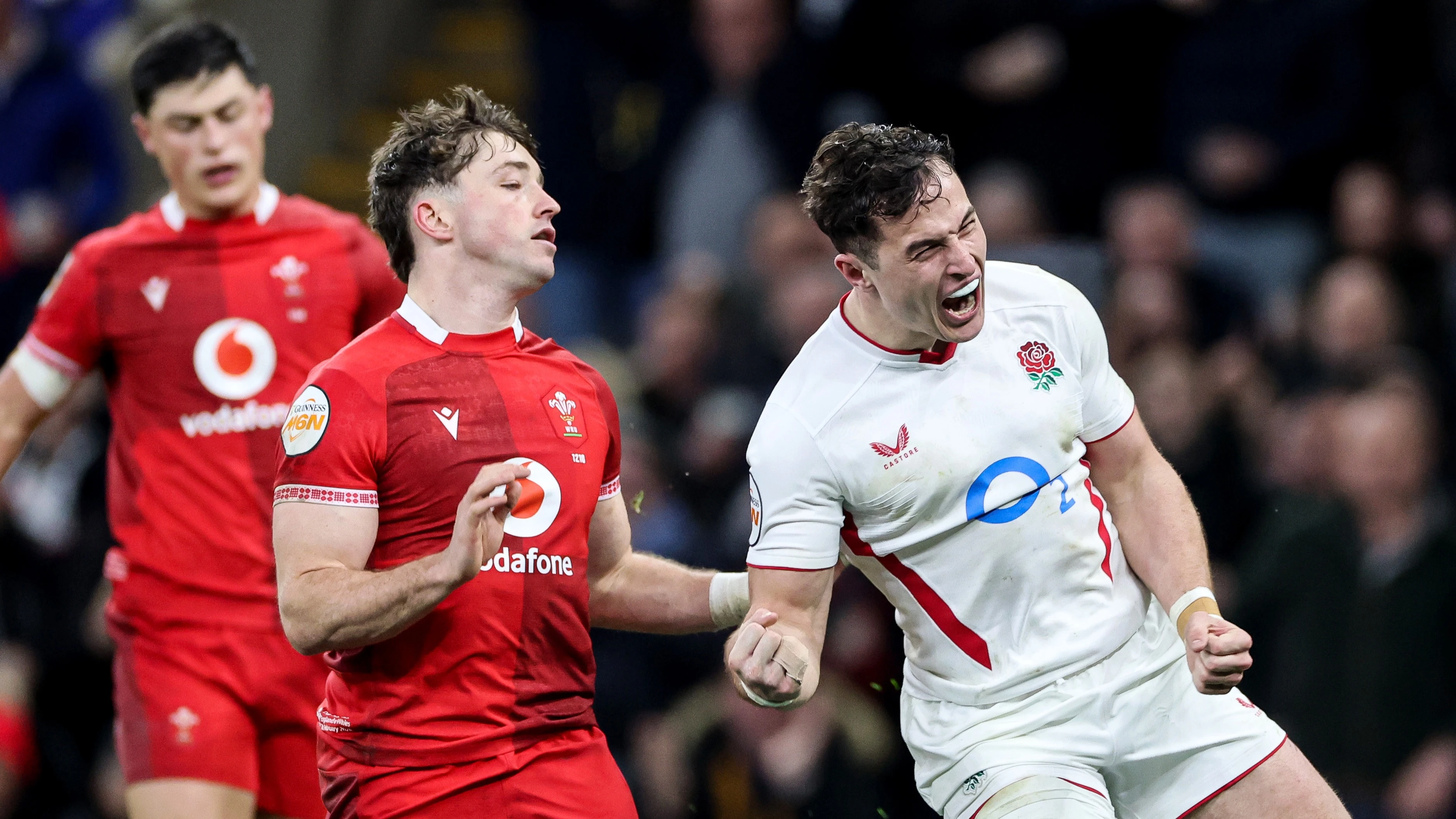 England's Henry Arundell celebrates scoring his third try of the game during the 2026 Guinness Men's Six Nations match against Wales.