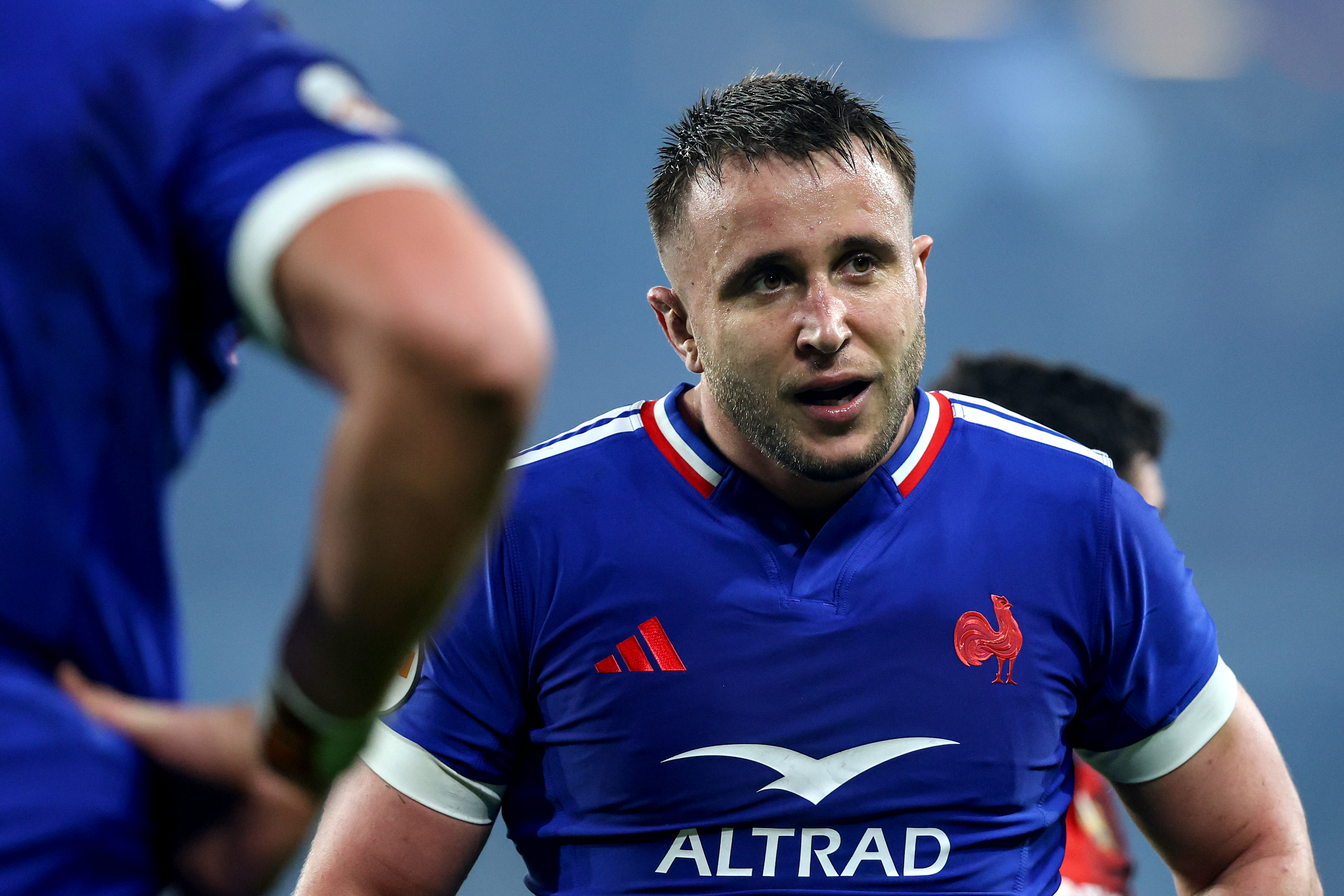 France's Anthony Jelonch makes a tackle against Italy during the 2026 Championship match in Lille.