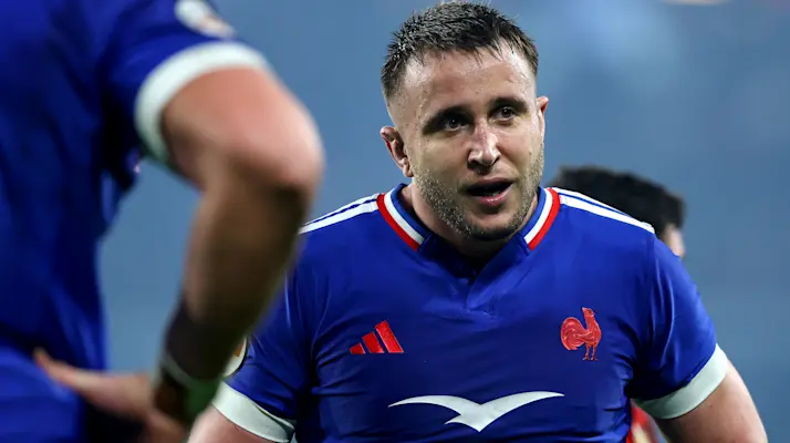 France's Anthony Jelonch makes a tackle against Italy during the 2026 Championship match in Lille.