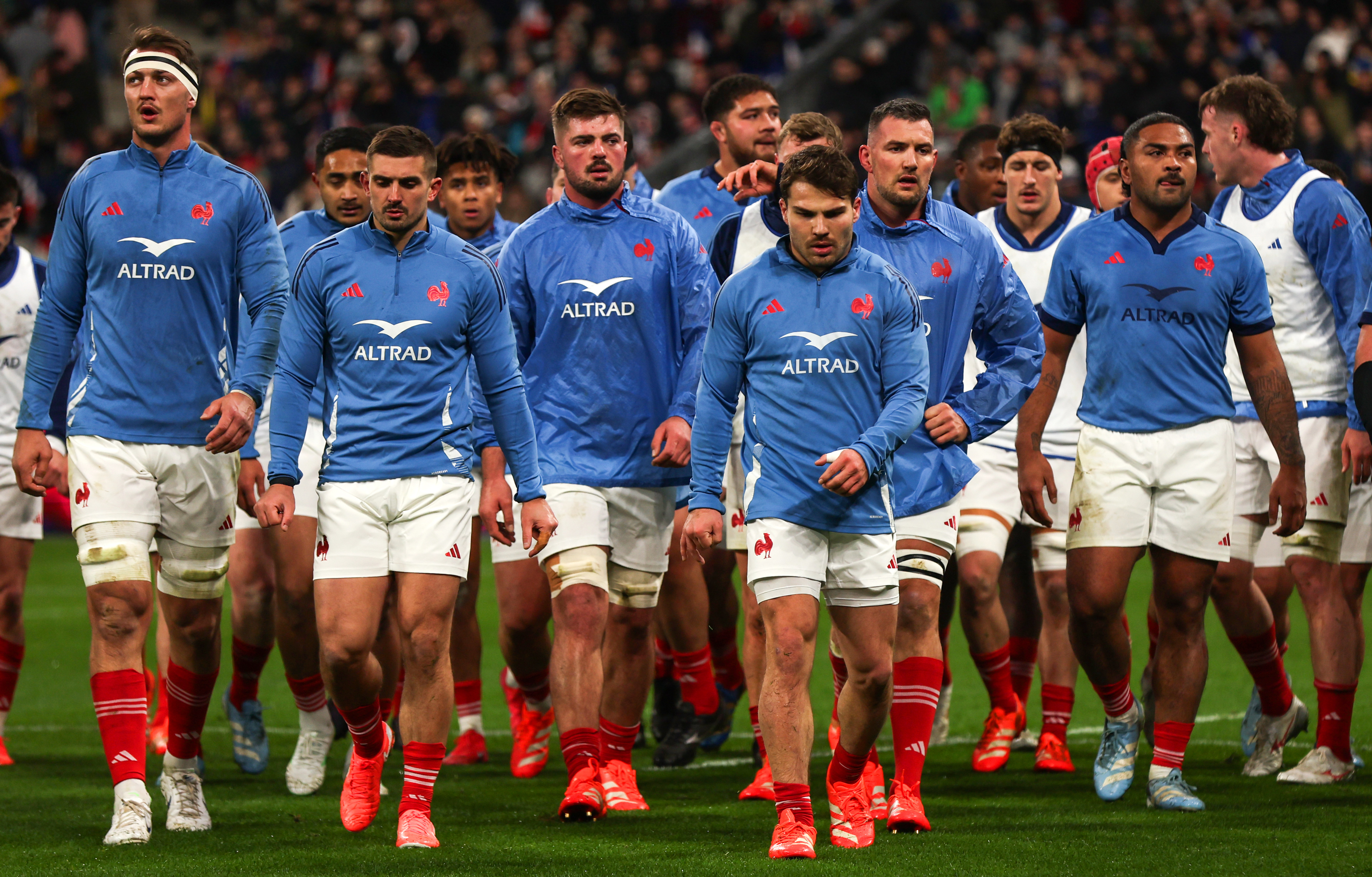 France's Antoine Dupont leads his team off the pitch after the warm-up ahead of the 2025 Guinness Six Nations Championship Round 1 between France and Wales in Stade de France, Paris, France, Friday, January 31, 2025 (Photo by Tom Maher / Inpho)