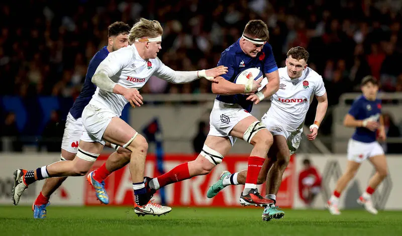 Marko Gazzotti and Henry Pollock of England during the 2024 Under 20 Six Nations Championship Round 5 between France and England in Stade du Hameau, Pau, France Friday, March 15, 2024 (Photo by Ryan Byrne / Inpho)