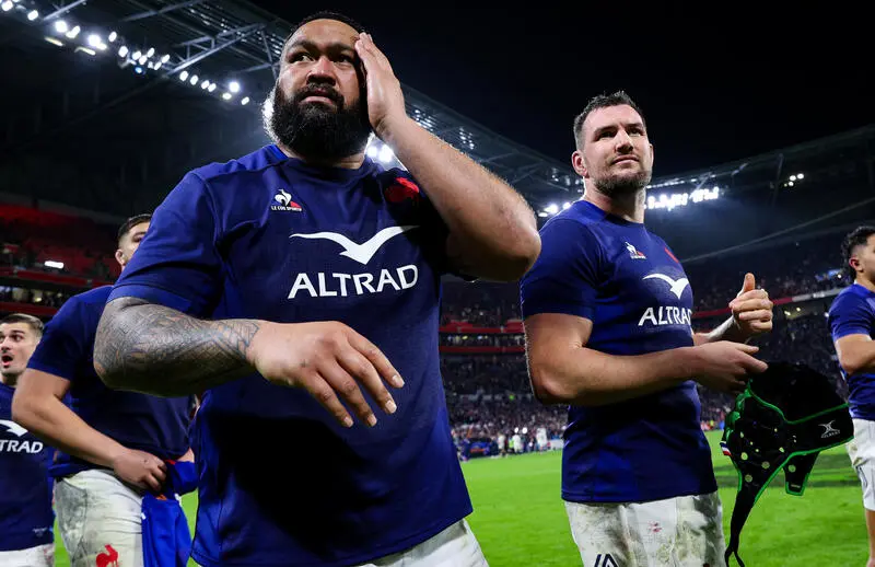 Uini Atonio and Francois Cros after the 2024 Guinness Six Nations Championship Round 5 between France and England in the Groupama Stadium, Lyon, France Saturday, March 16, 2024 (Photo by Ryan Byrne / Inpho)
