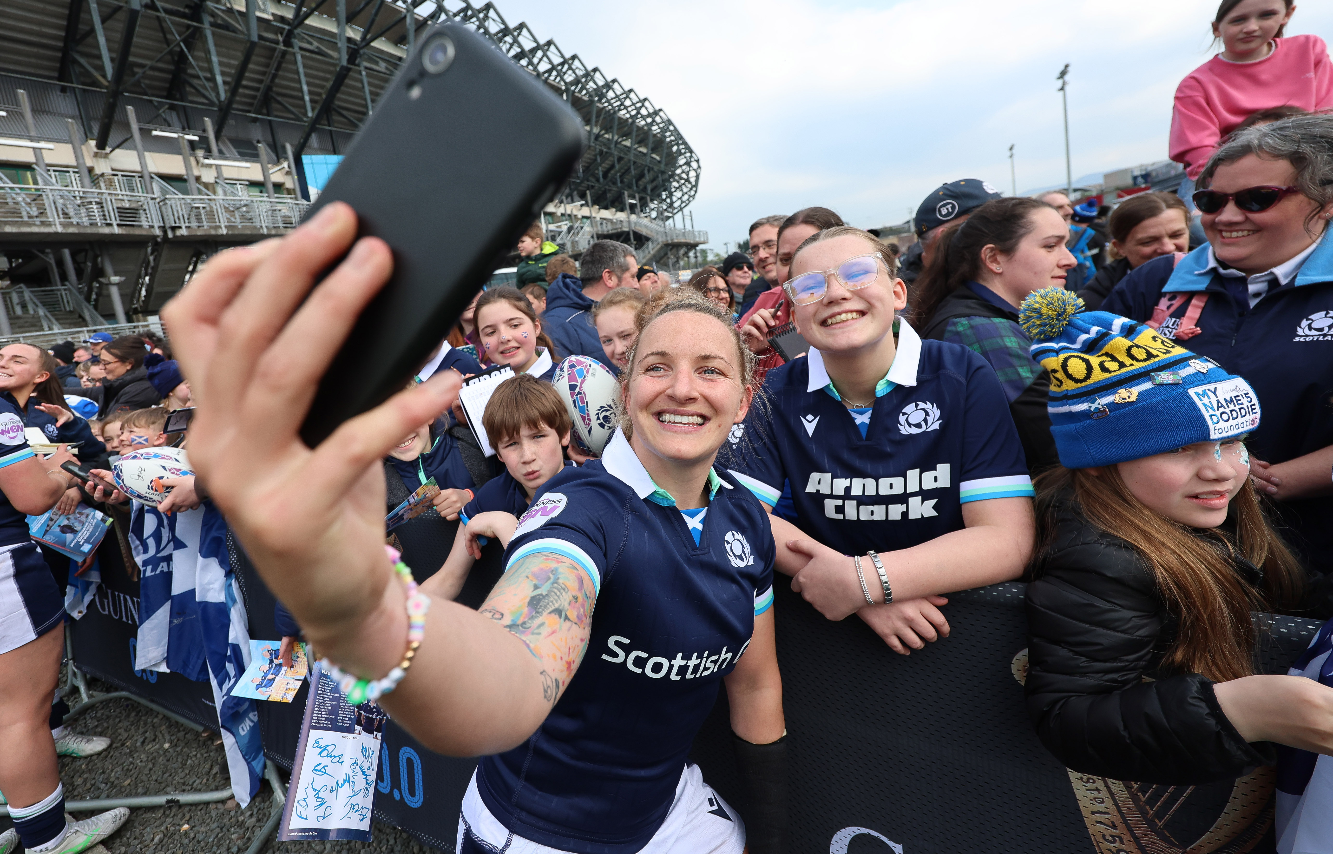 Scotland's Chloe Rollie with fans after the 2025 Guinness Women's Six Nations Championship Round 5 game between Scotland and Ireland in Hive Stadium, Edinburgh, Scotland, 