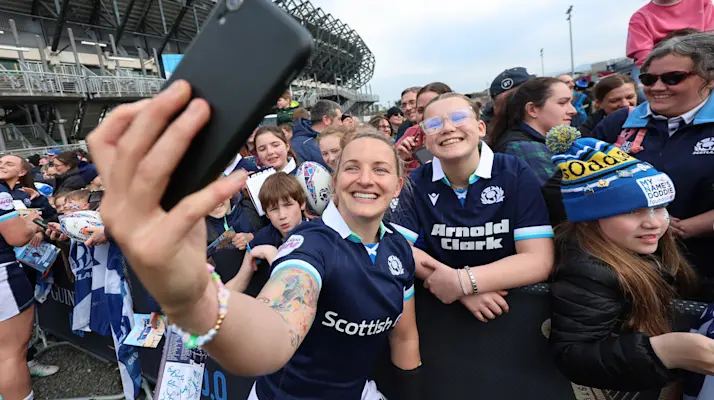 Scotland's Chloe Rollie with fans after the 2025 Guinness Women's Six Nations Championship Round 5 game between Scotland and Ireland in Hive Stadium, Edinburgh, Scotland,