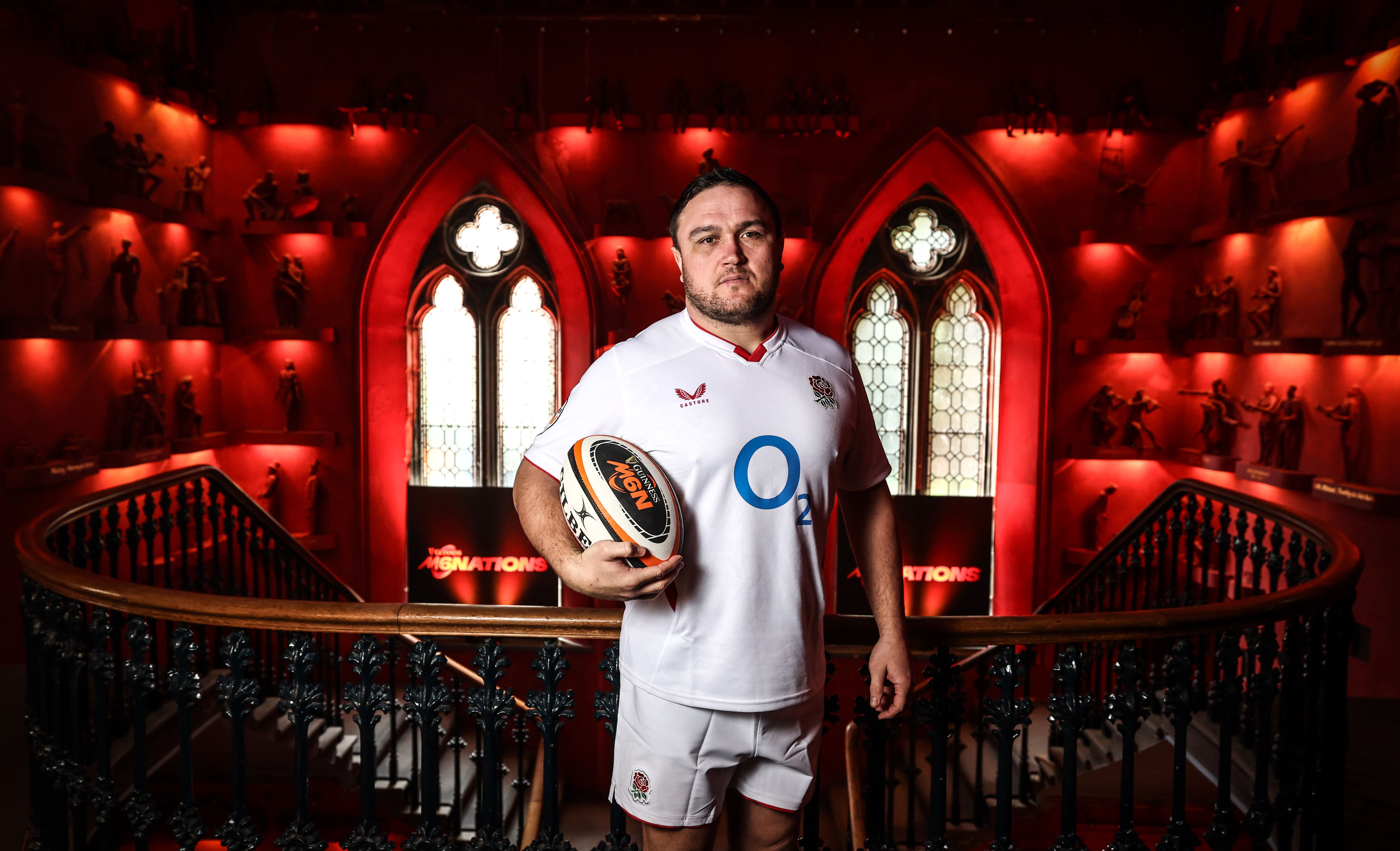 Jamie George poses with a Six Nations ball against the Gothic Revival backdrop of The Hub, Edinburgh.