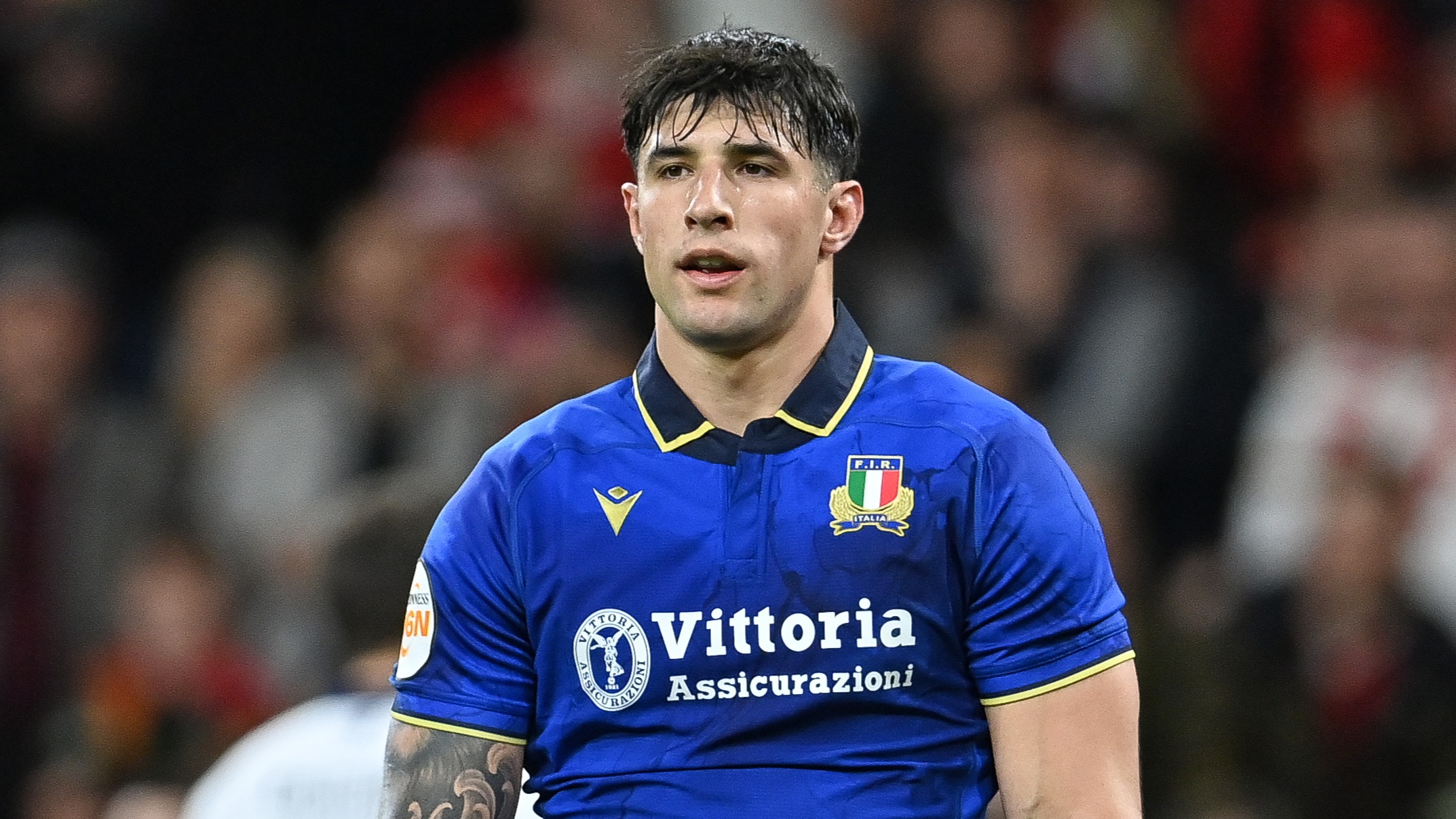 Italy's Tommaso Menoncello during the 2026 Guinness Six Nations Championship Round 5 game between Wales and Italy in Principality Stadium.