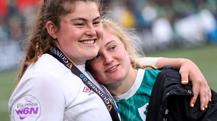 England's Maud Muir shares a hug with Neve Jones of Ireland after the 2025 Guinness Women's Six Nations Championship Round 3 game between Ireland and England