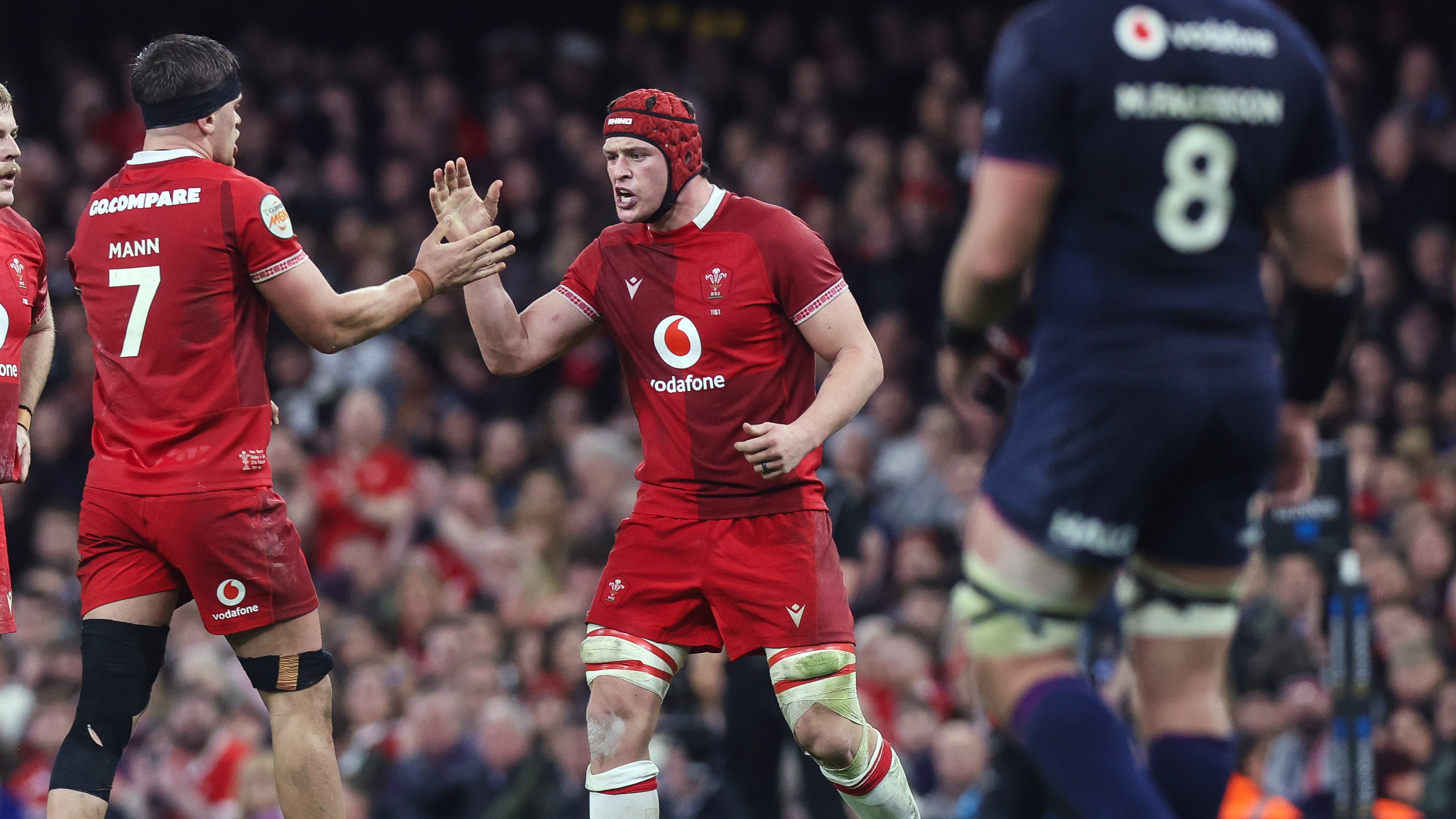 Wales' James Botham celebrates after winning a turnover against Scotland in round three at the Principality Stadium.