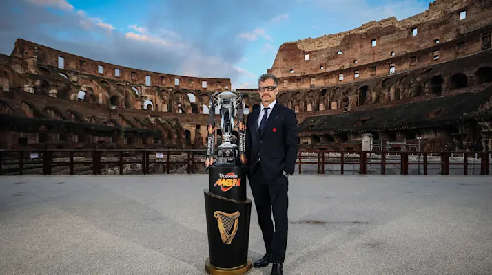 2025 Guinness Six Nations Championship Launch, Rome, Italy 21/1/2025
Pictured is France head coach Fabien Galthié at the launch of the 2025 Guinness Men’s Six Nations Championship at the Colosseum in Rome
Mandatory Credit ©INPHO/Billy Stickland