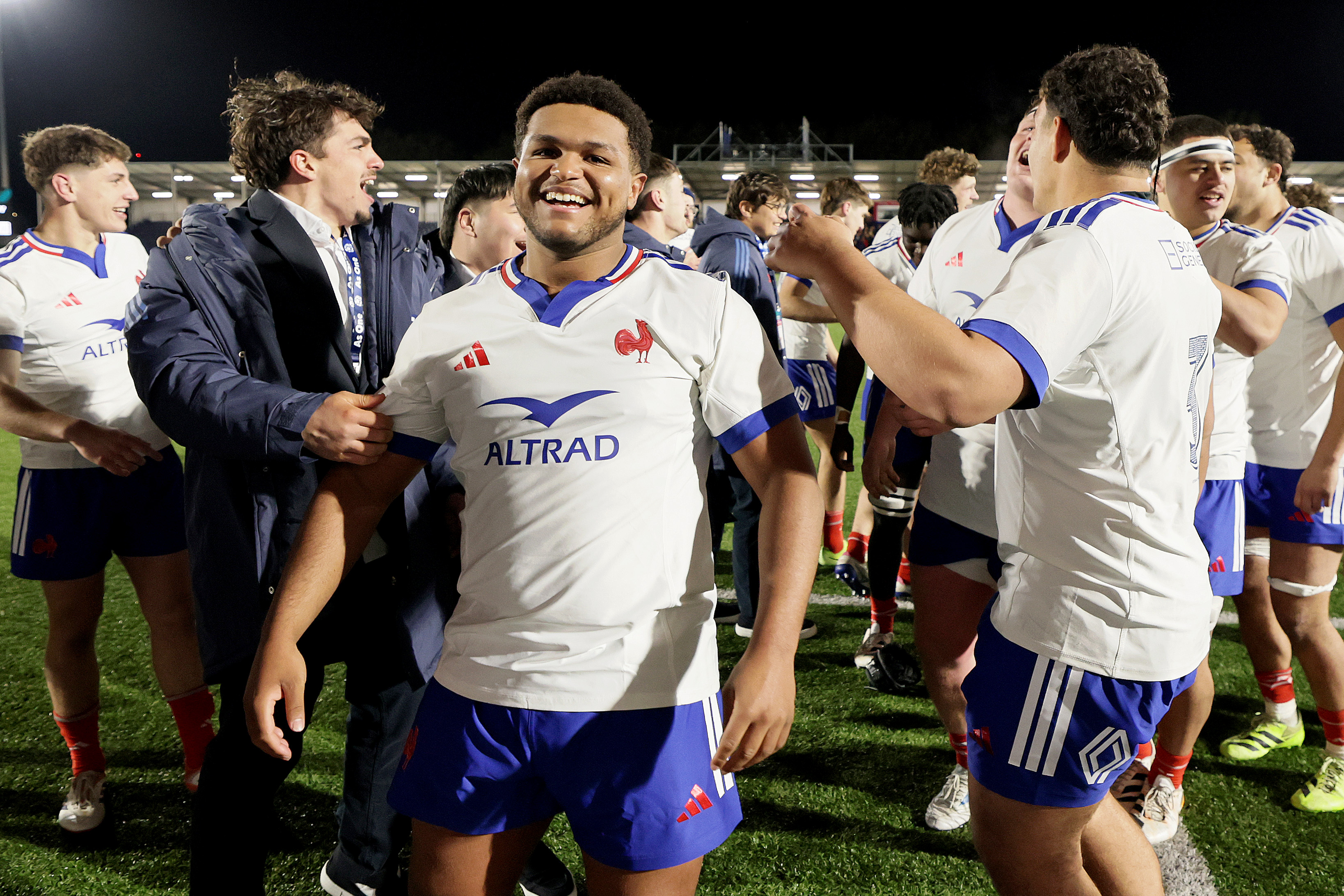 France's Yanis Basse celebrates after the 2026 Under 20 Six Nations Championship Round 4 game between Scotland and France in Hive Stadium, Edinburgh, Scotland, 