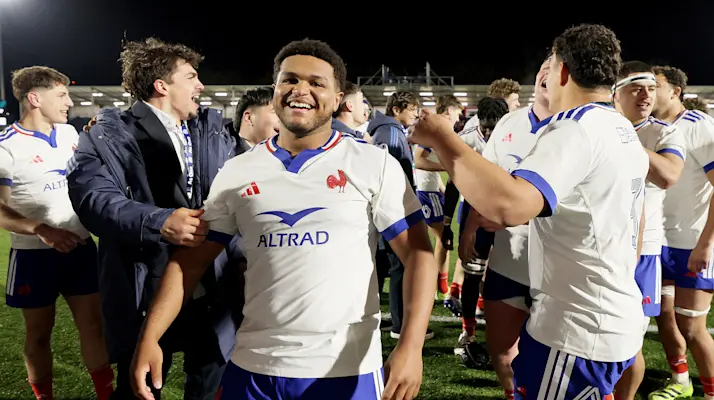France's Yanis Basse celebrates after the 2026 Under 20 Six Nations Championship Round 4 game between Scotland and France in Hive Stadium, Edinburgh, Scotland,