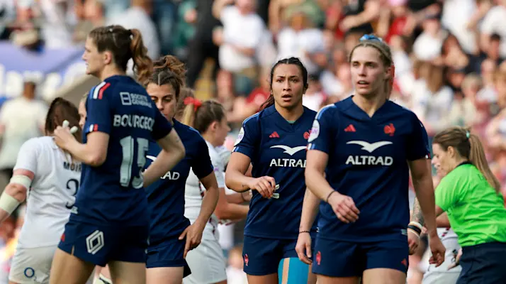 Manae Feleu of France dejected after conceding a try during the 2025 Guinness Women's Six Nations Championship Round 5 game between England and France in Allianz Twickenham Stadium, London, England, Saturday, April 26, 2025 (Photo by Dan Sheridan / Inpho)