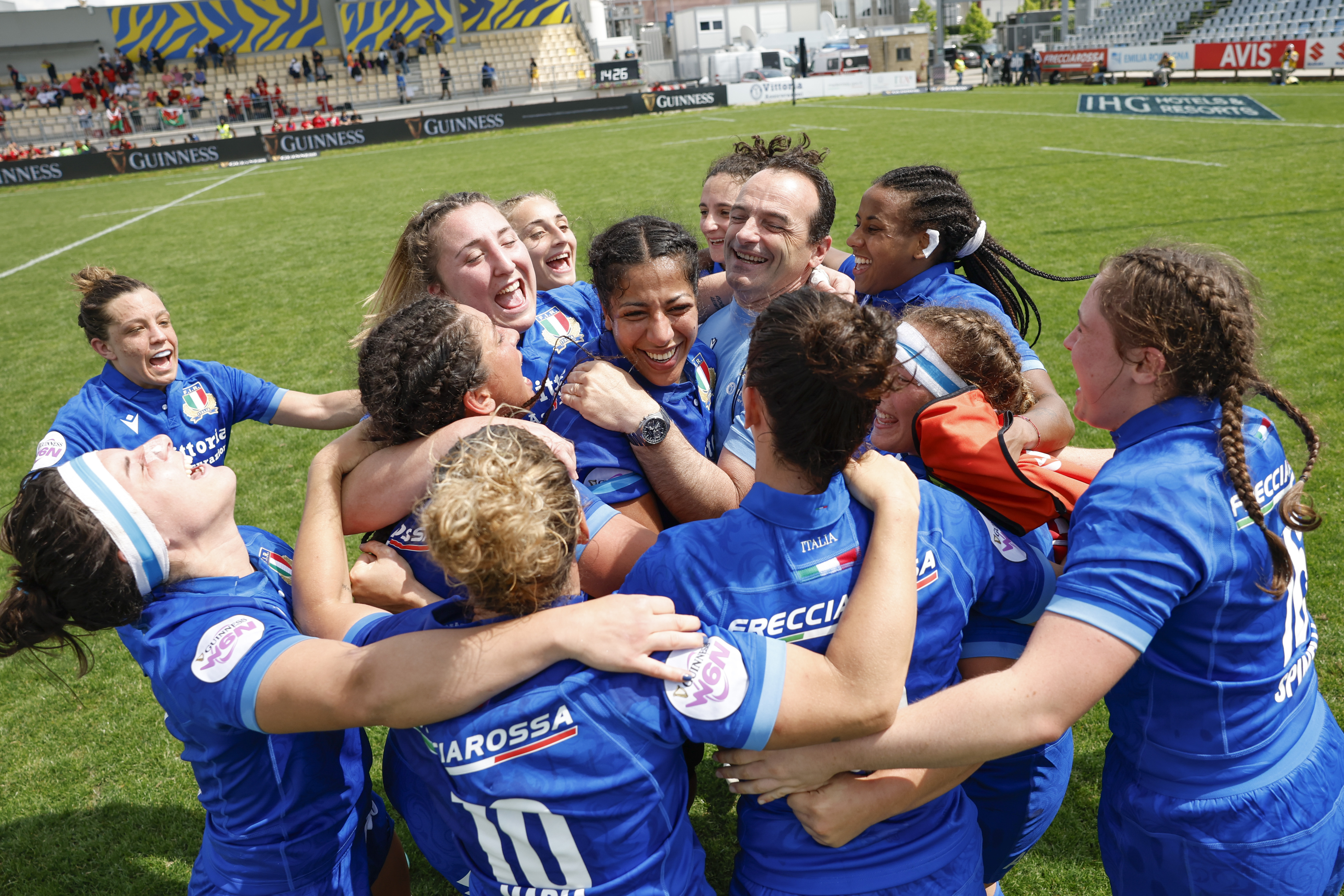Italy head coach Fabio Roselli celebrates with his players during the 2025 Guinness Women's Six Nations Championship Round 5 game between Italy and Wales in Stadio Sergio Lanfranchi, Parma,