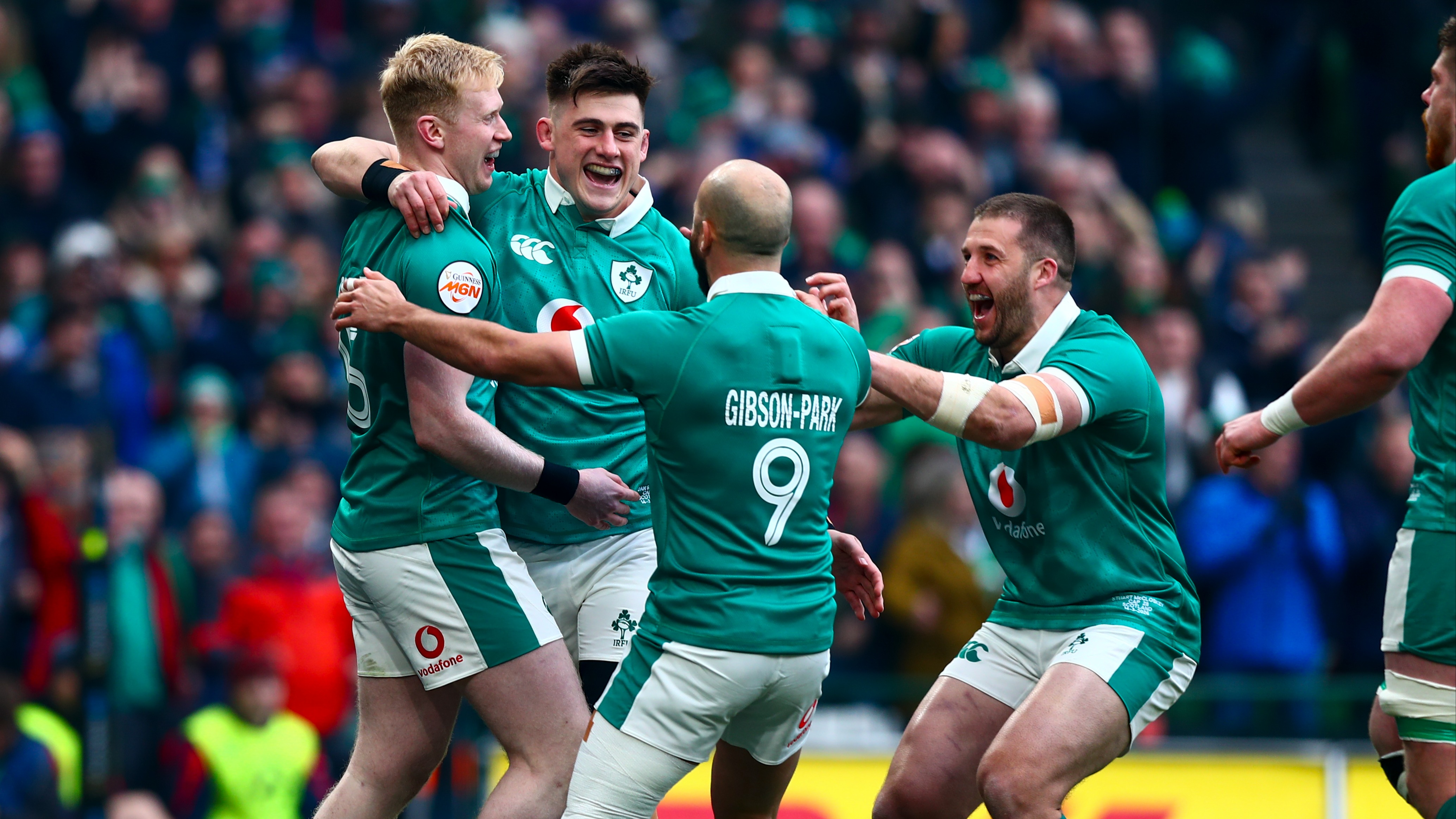 Ireland's Dan Sheehan celebrates scoring a try with Jamie Osborne, Stuart McCloskey and Jamison Gibson-Park during the 2026 Championship match against Scotland.