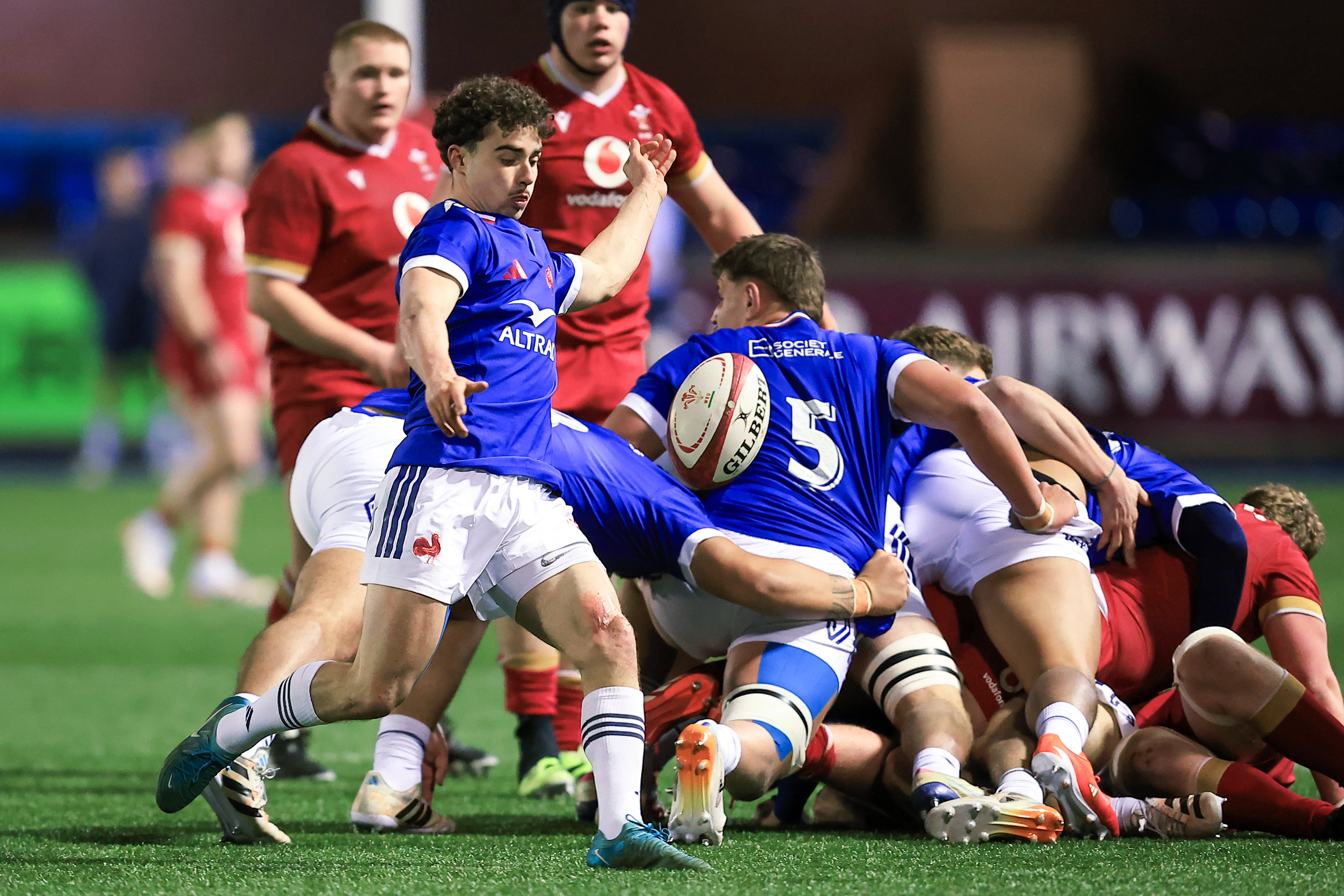 France's Antoine Latrasse kicks from the base of the scrum during the 2026 U20 Six Nations match against Wales at the Arms Park.