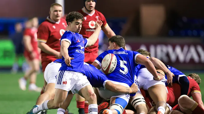 France's Antoine Latrasse kicks from the base of the scrum during the 2026 U20 Six Nations match against Wales at the Arms Park.