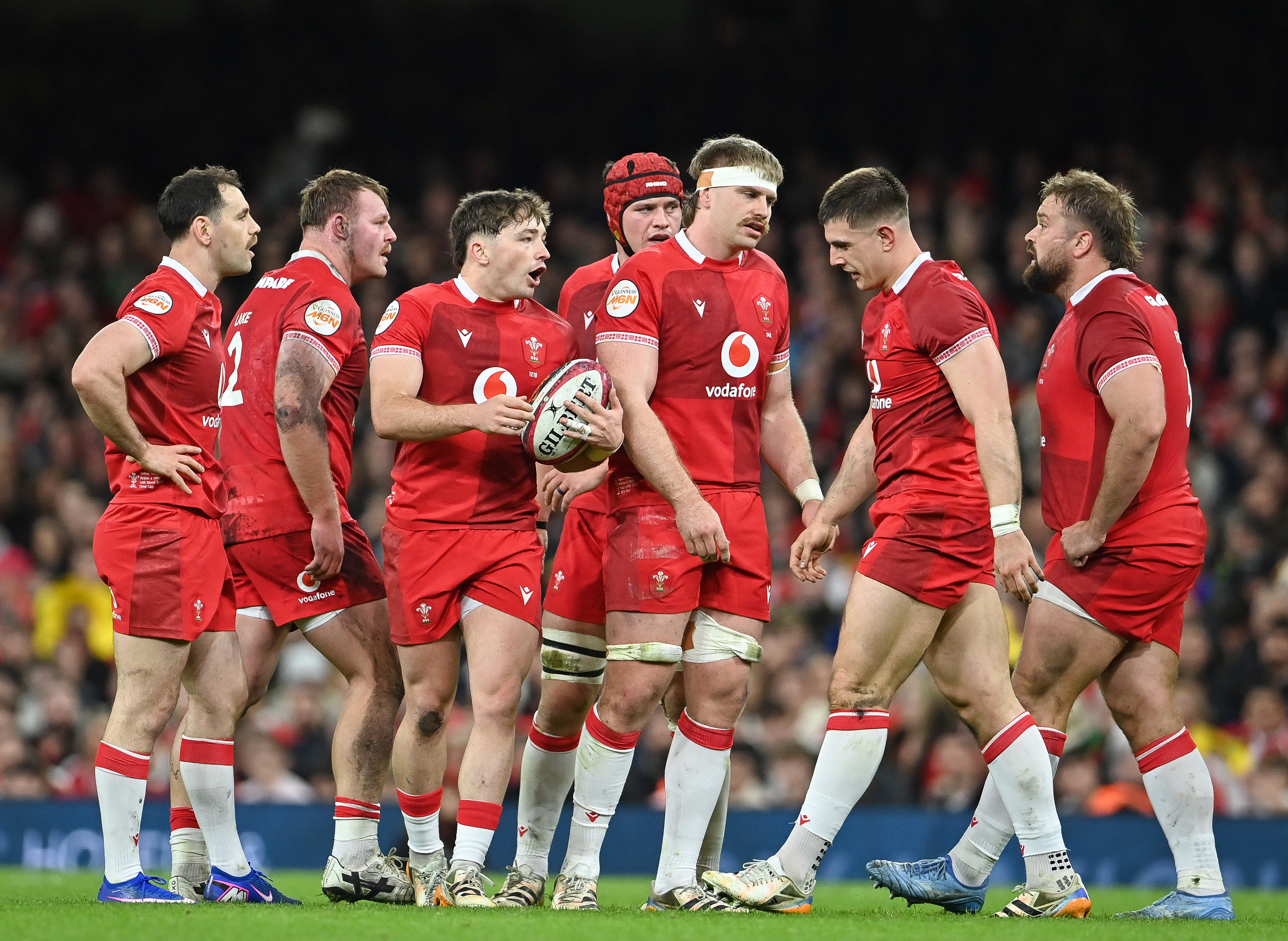 Wales' Dan Edwards shouts to teammates during the 2026 Guinness Men's Six Nations Round 5 game between Wales and Italy in Principality Stadium, Cardiff.