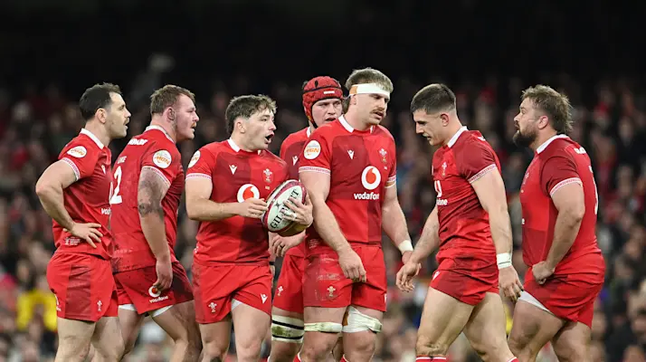 Wales' Dan Edwards shouts to teammates during the 2026 Guinness Men's Six Nations Round 5 game between Wales and Italy in Principality Stadium, Cardiff.
