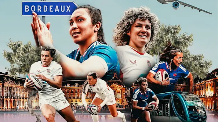 A graphic promoting the ticket competition for the 2026 Women's Six Nations match between France and England in Bordeaux.