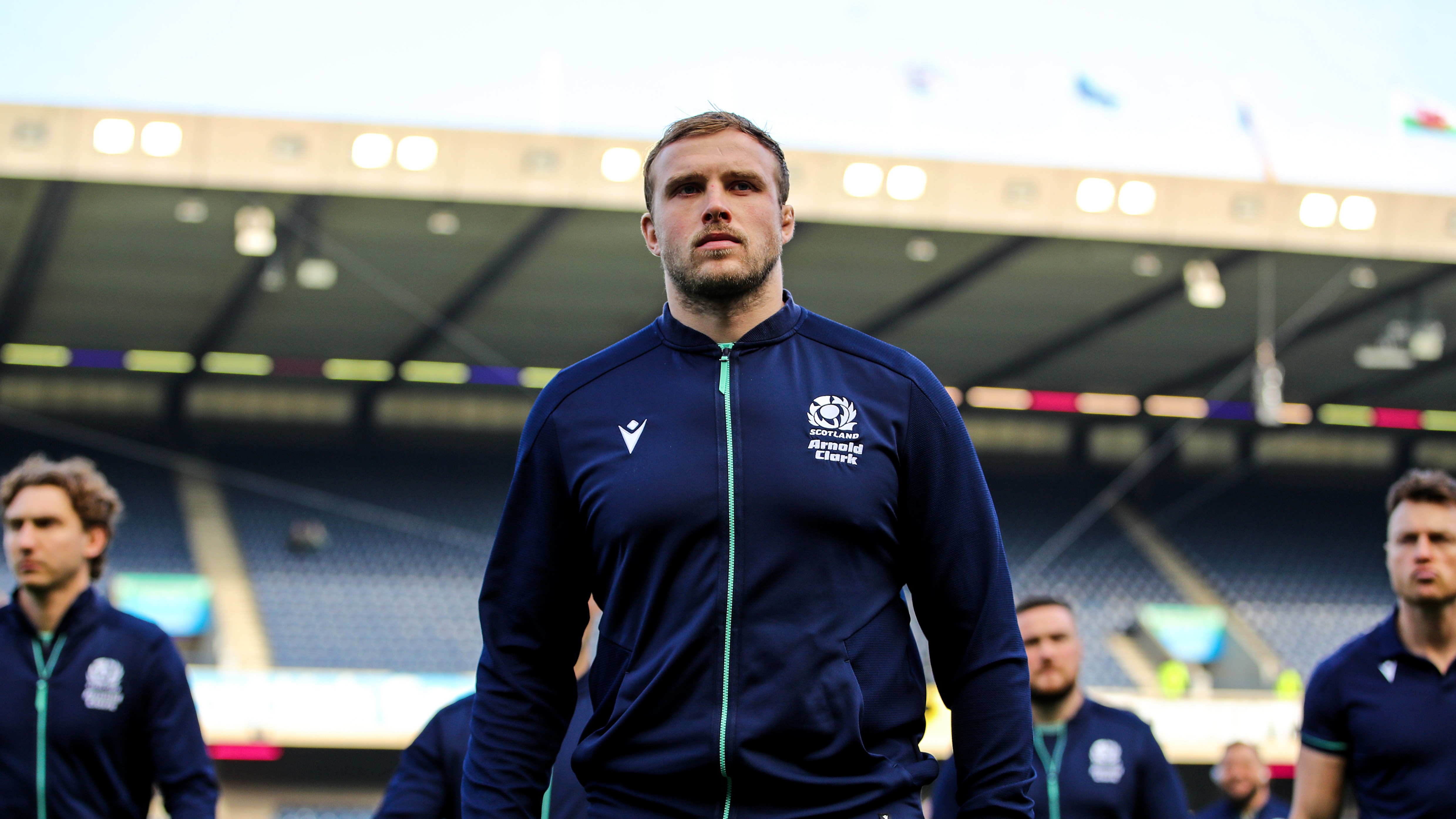 Jonny Gray looking in the zone before facing Wales at Murrayfield in 2025.