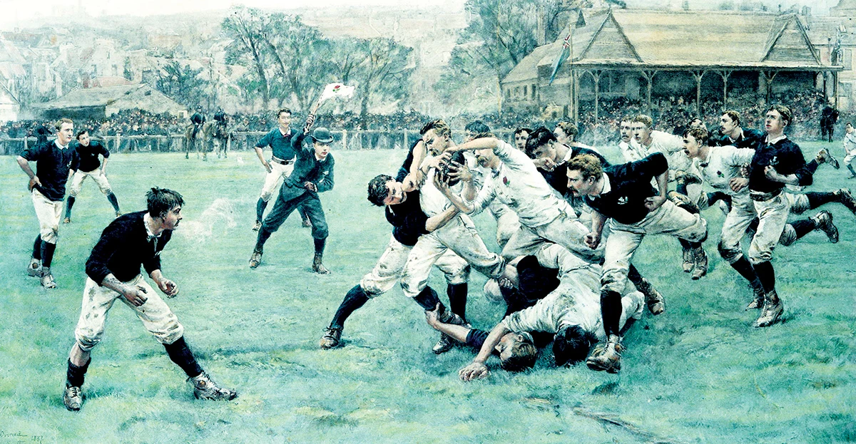 A painted illustration of a Scotland v England match at Raeburn Place in the late 1800s.