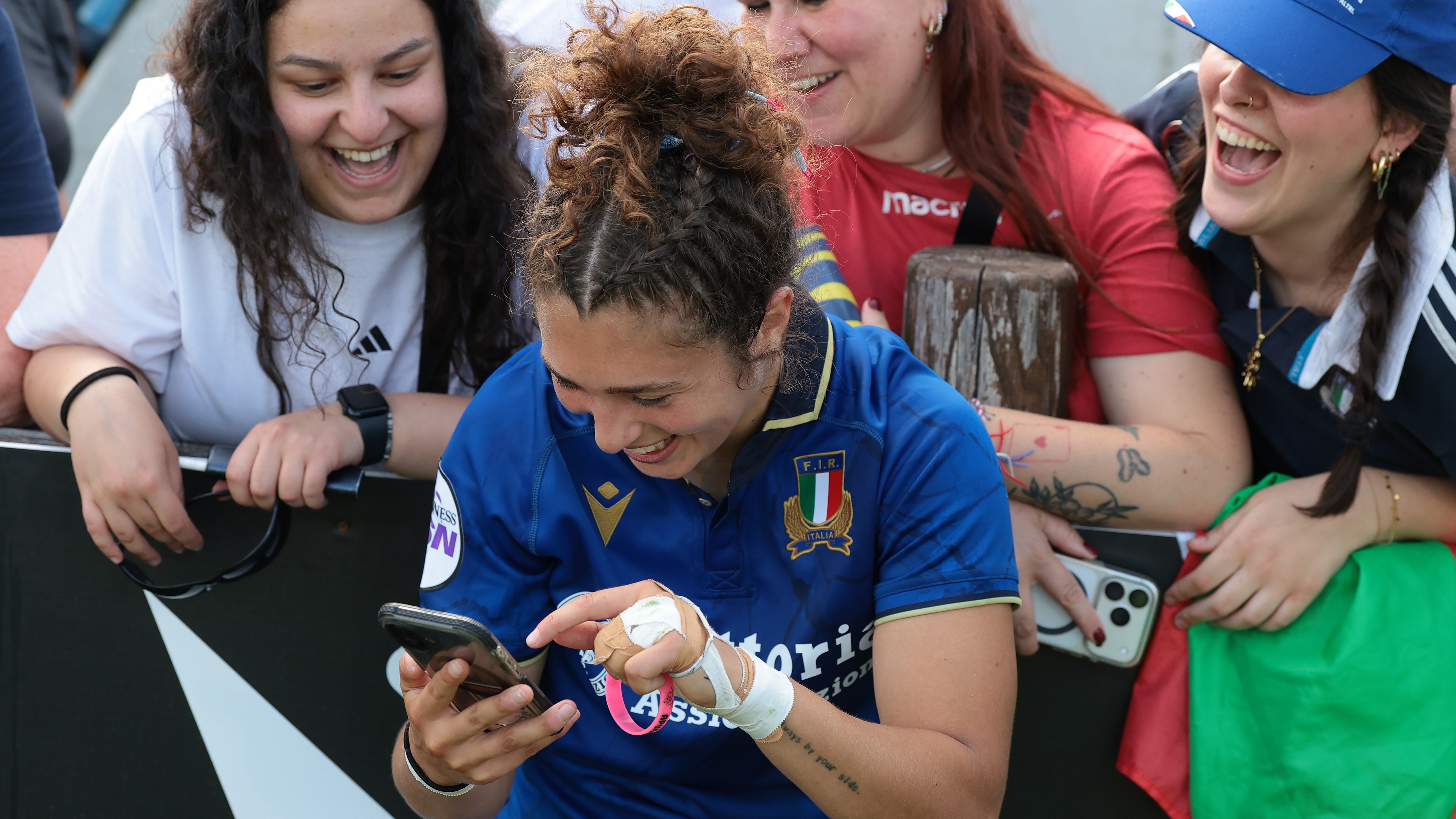 Francesca Granzotto of Italy takes a selfie with with fans following the 2026 Guinness Women's Six Nations Championship Round 4 game between Italy and England in Stadio Sergio Lanfranchi, Parma