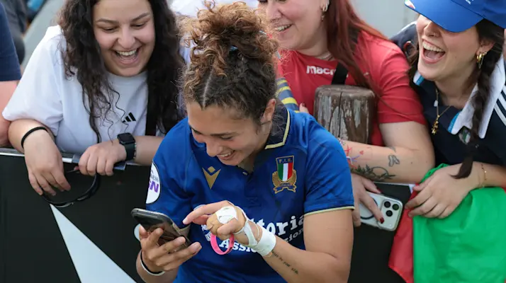 Francesca Granzotto of Italy takes a selfie with with fans following the 2026 Guinness Women's Six Nations Championship Round 4 game between Italy and England in Stadio Sergio Lanfranchi, Parma