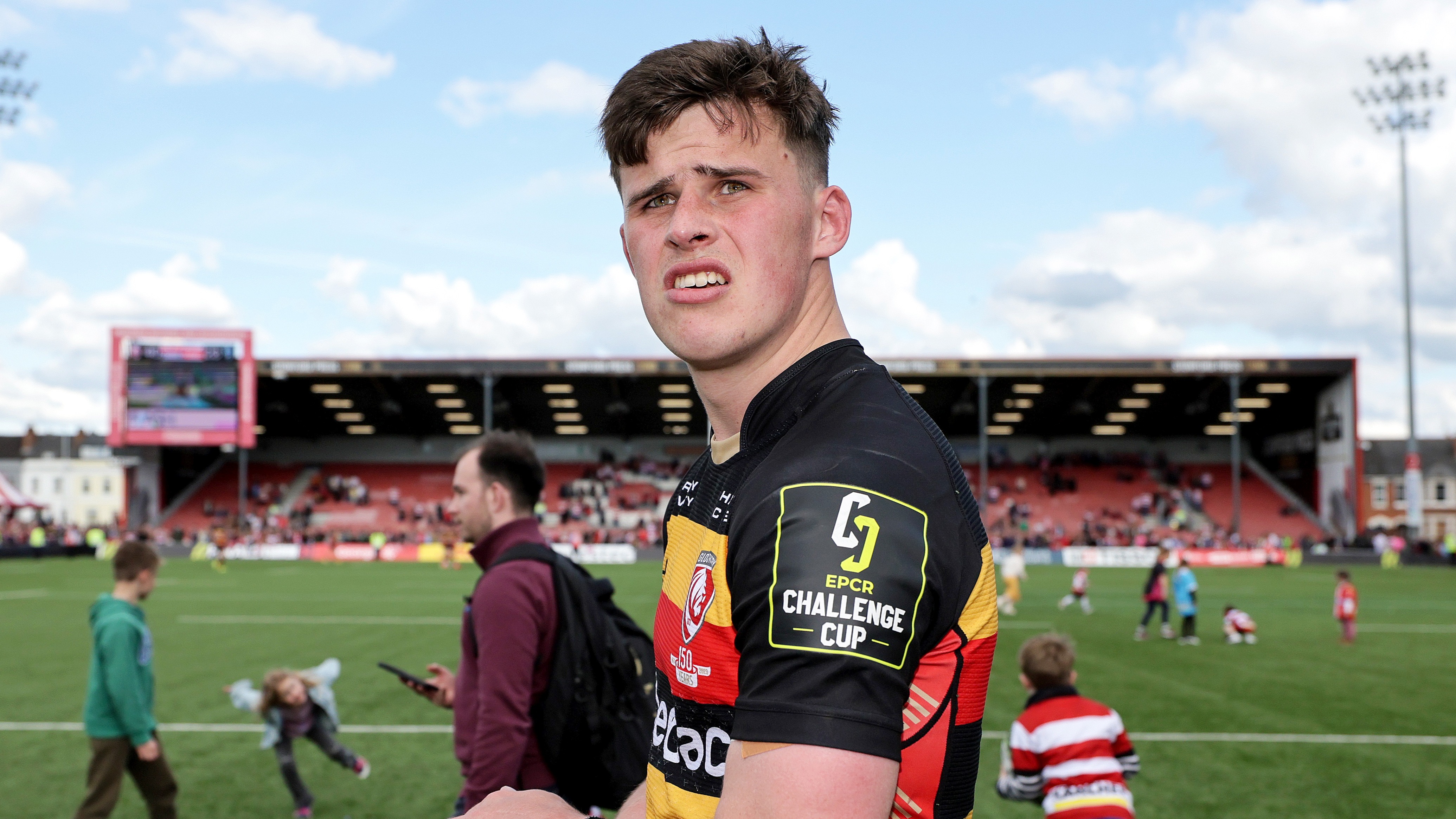 Seb Atkinson celebrates a win for Gloucester in the 2025 Challenge Cup.