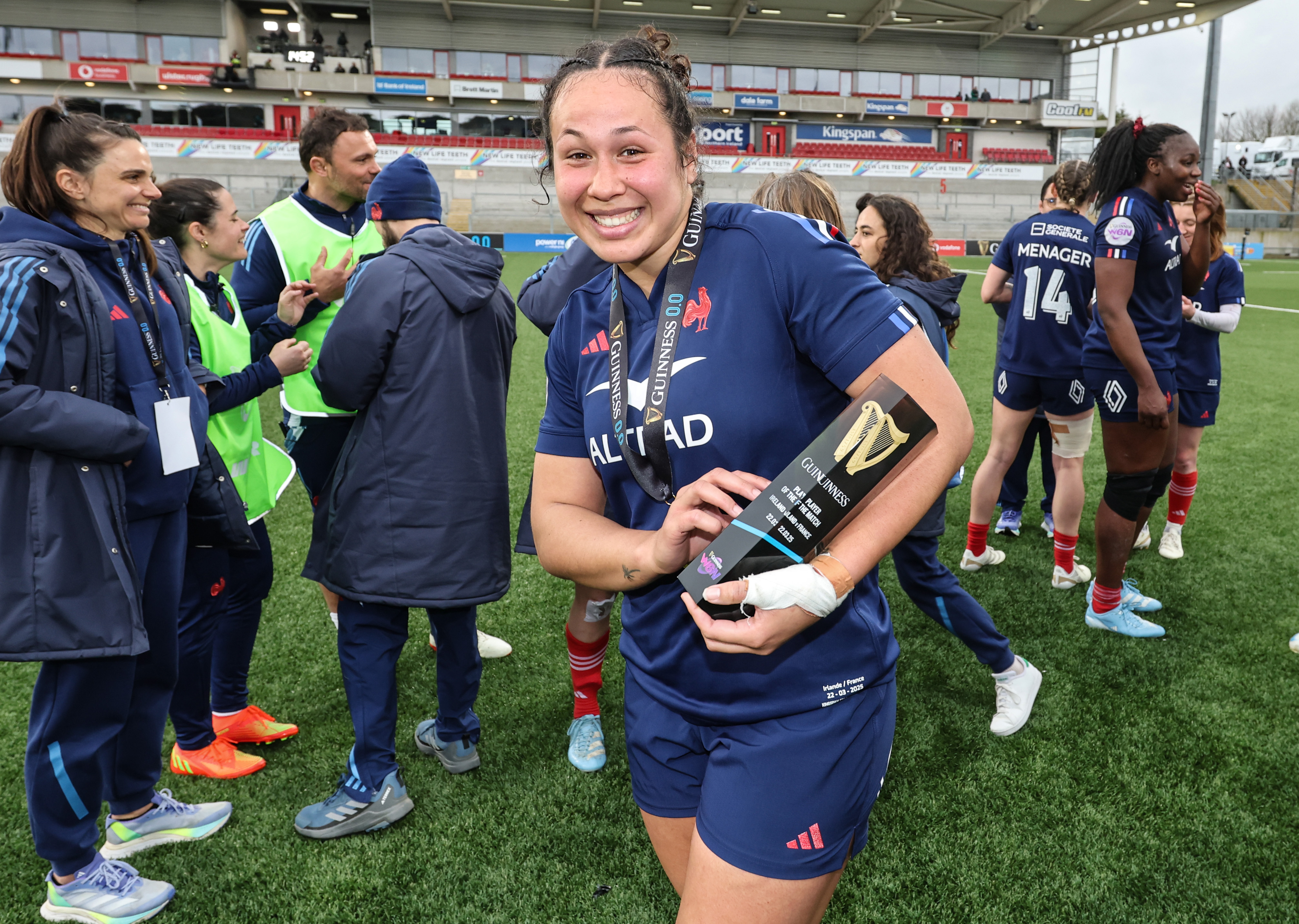 France's Teani Feleu with the player of the match award after the 2025 Guinness Women's Six Nations Championship Round 1 game between Ireland and France in the Kingspan Stadium, Belfast, Northern Ireland, Saturday, March 22, 2025 (Photo by Billy Stickland / Inpho)